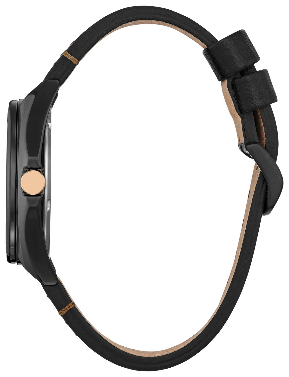 CITIZEN MARVEL TONY STARK '63 AW2075-05W side view with black stainless steel case, rose-tone crown, and black leather strap with tan lining.