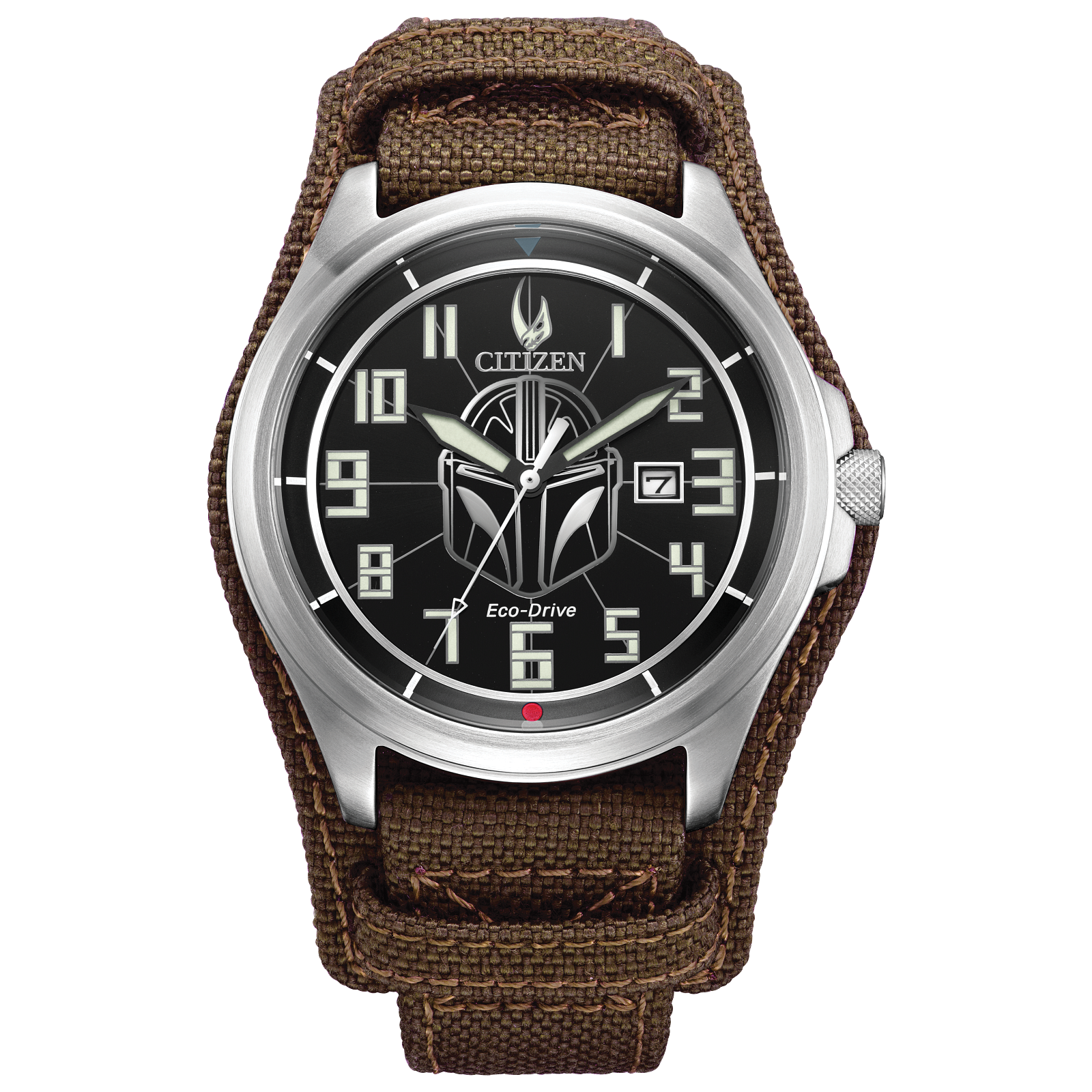 CITIZEN Star Wars Mandalorian AW1411-05W – silver-tone Eco-Drive watch with Mandalorian helmet dial, etched Grogu case back, rugged brown leather strap, and WR200 water resistance.