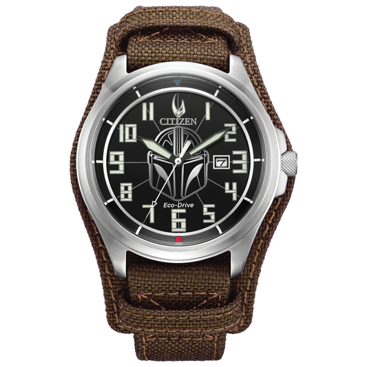 CITIZEN Star Wars Mandalorian AW1411-05W – silver-tone Eco-Drive watch with Mandalorian helmet dial, etched Grogu case back, rugged brown leather strap, and WR200 water resistance.