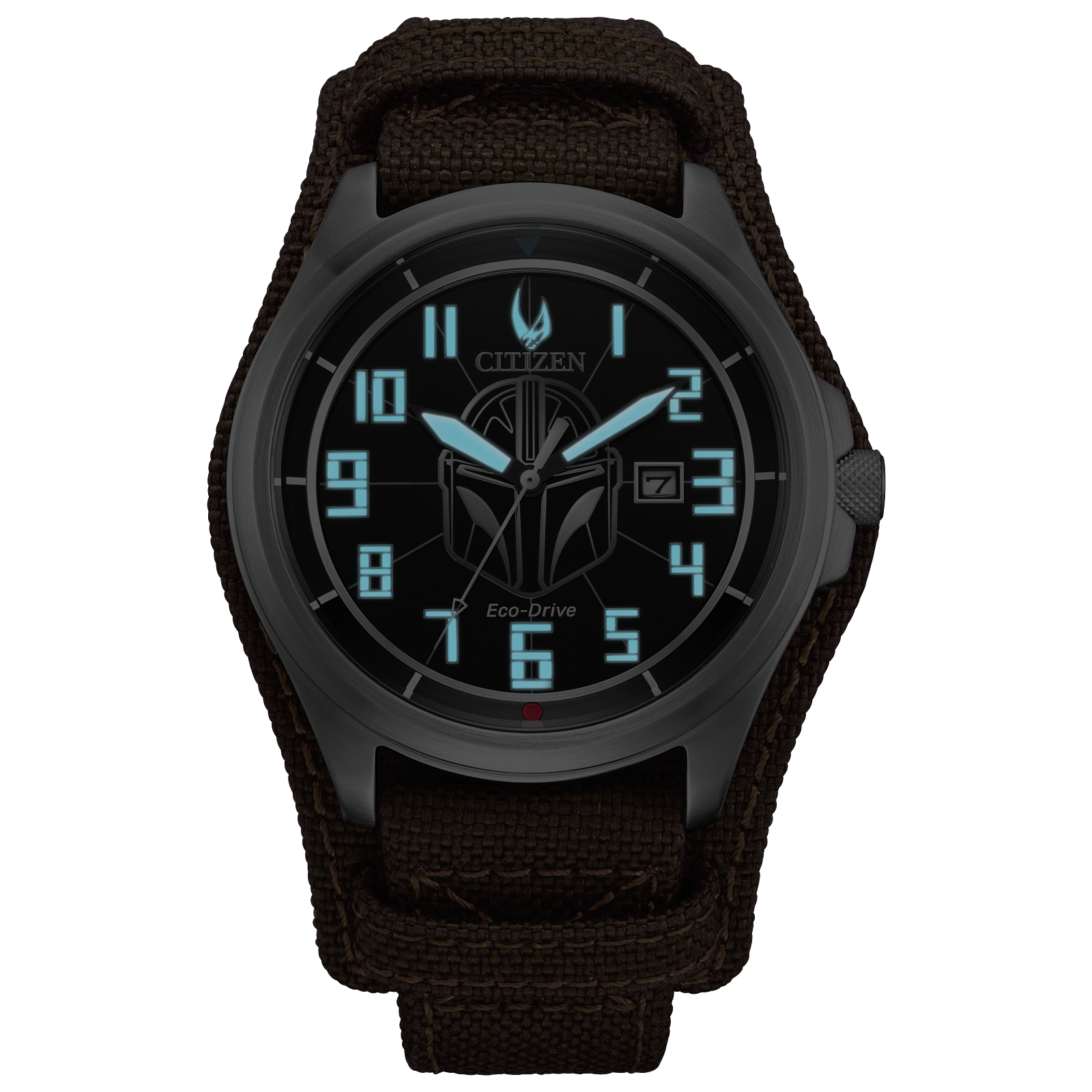 CITIZEN Star Wars Mandalorian AW1411-05W – silver-tone Eco-Drive watch with Mandalorian helmet dial, etched Grogu case back, rugged brown leather strap, and WR200 water resistance.