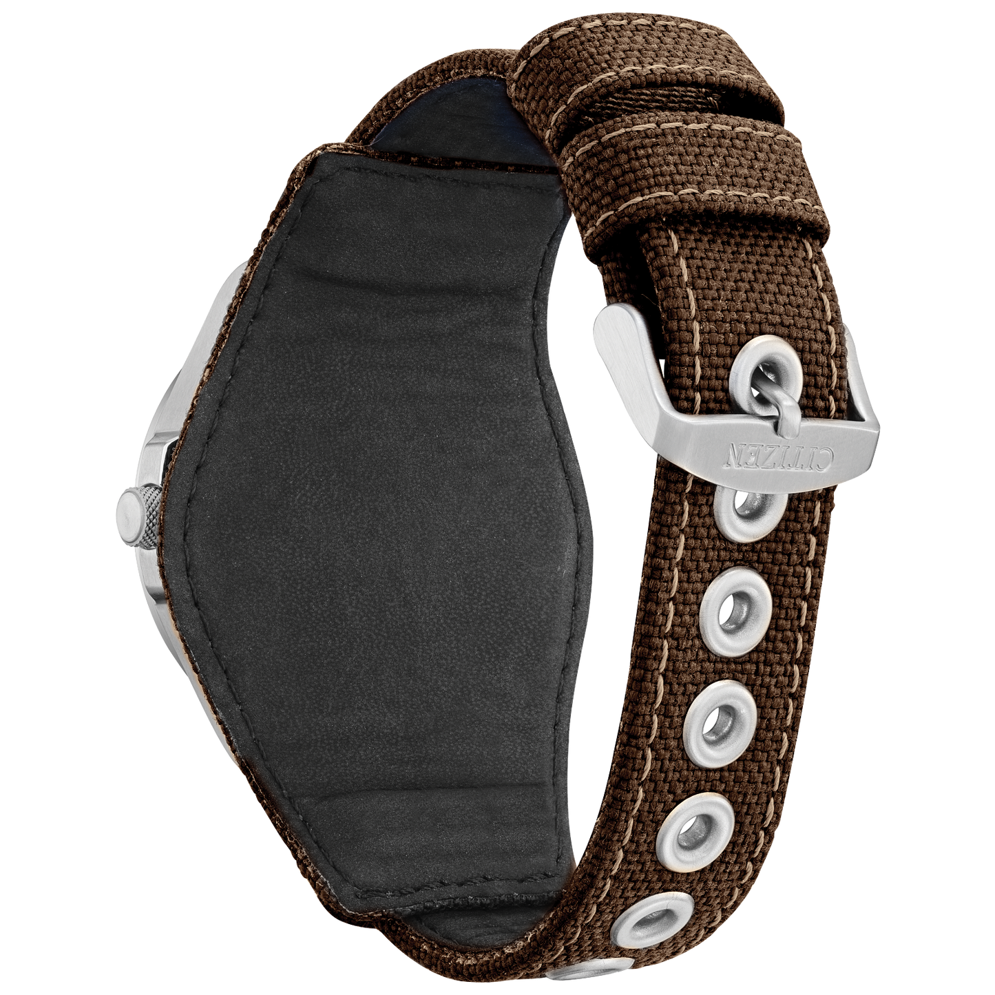 CITIZEN Star Wars Mandalorian AW1411-05W – silver-tone Eco-Drive watch with Mandalorian helmet dial, etched Grogu case back, rugged brown leather strap, and WR200 water resistance.