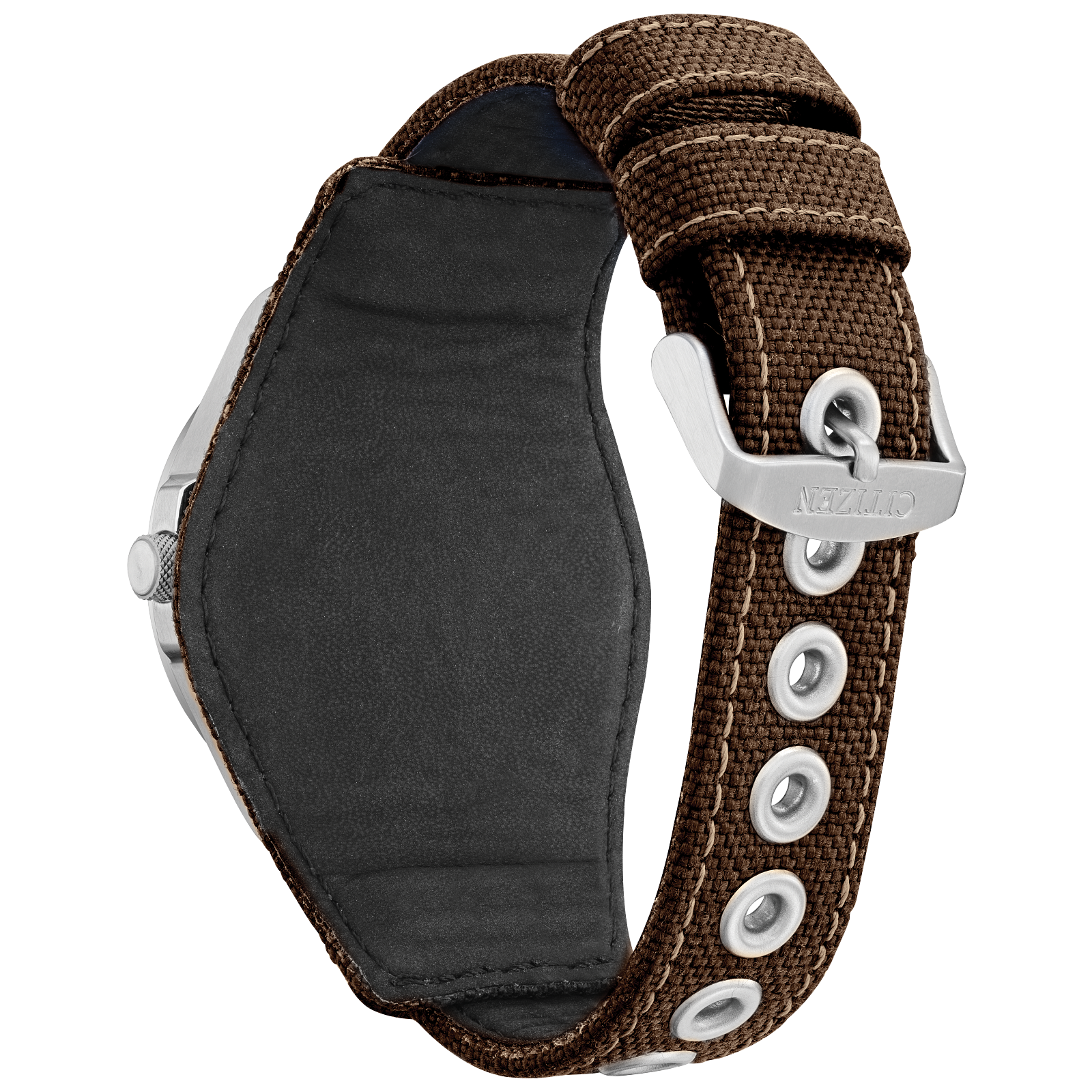 CITIZEN Star Wars Mandalorian AW1411-05W – silver-tone Eco-Drive watch with Mandalorian helmet dial, etched Grogu case back, rugged brown leather strap, and WR200 water resistance.
