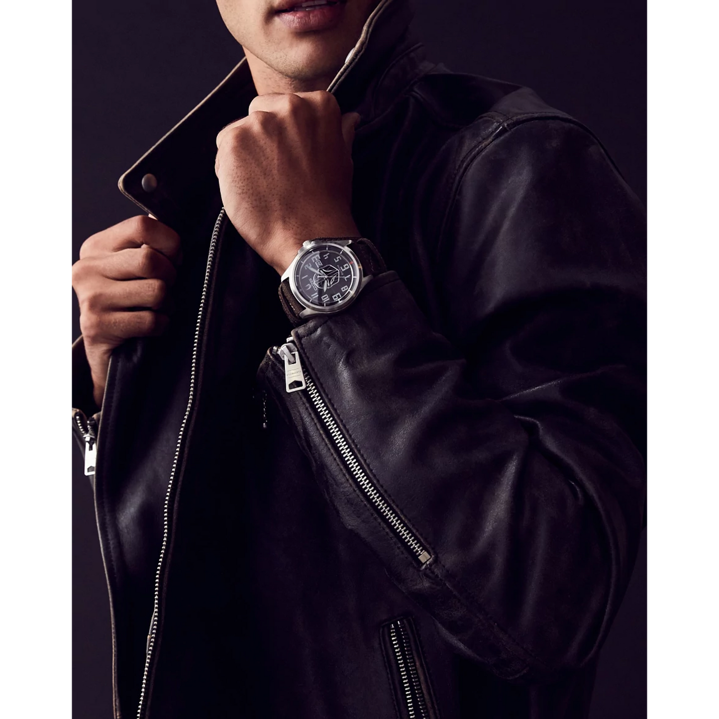 CITIZEN Star Wars Mandalorian AW1411-05W – silver-tone Eco-Drive watch with Mandalorian helmet dial, etched Grogu case back, rugged brown leather strap, and WR200 water resistance.