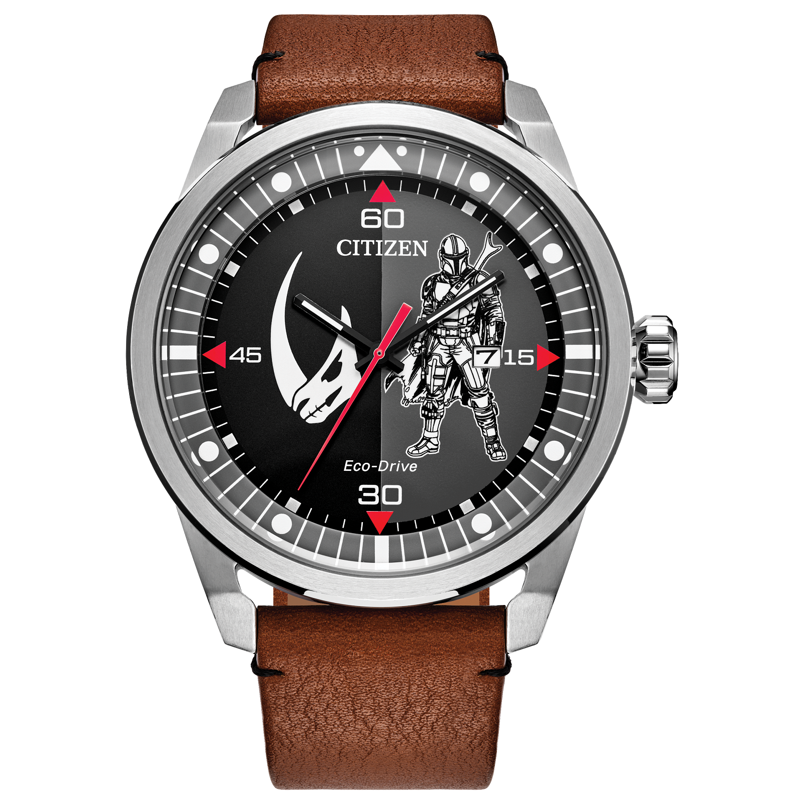 CITIZEN Star Wars Mando Bounty Hunter AW1730-07W – silver-tone Eco-Drive watch with luminous Mando and Mudhorn dial, brown leather strap, and WR100 water resistance.