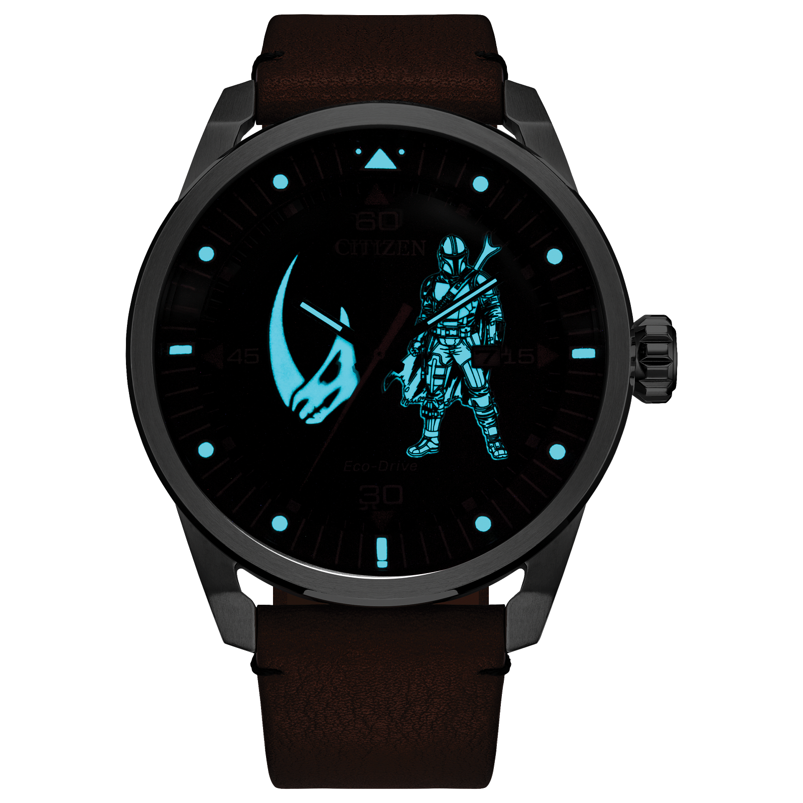 CITIZEN Star Wars Mando Bounty Hunter AW1730-07W – silver-tone Eco-Drive watch with luminous Mando and Mudhorn dial, brown leather strap, and WR100 water resistance.