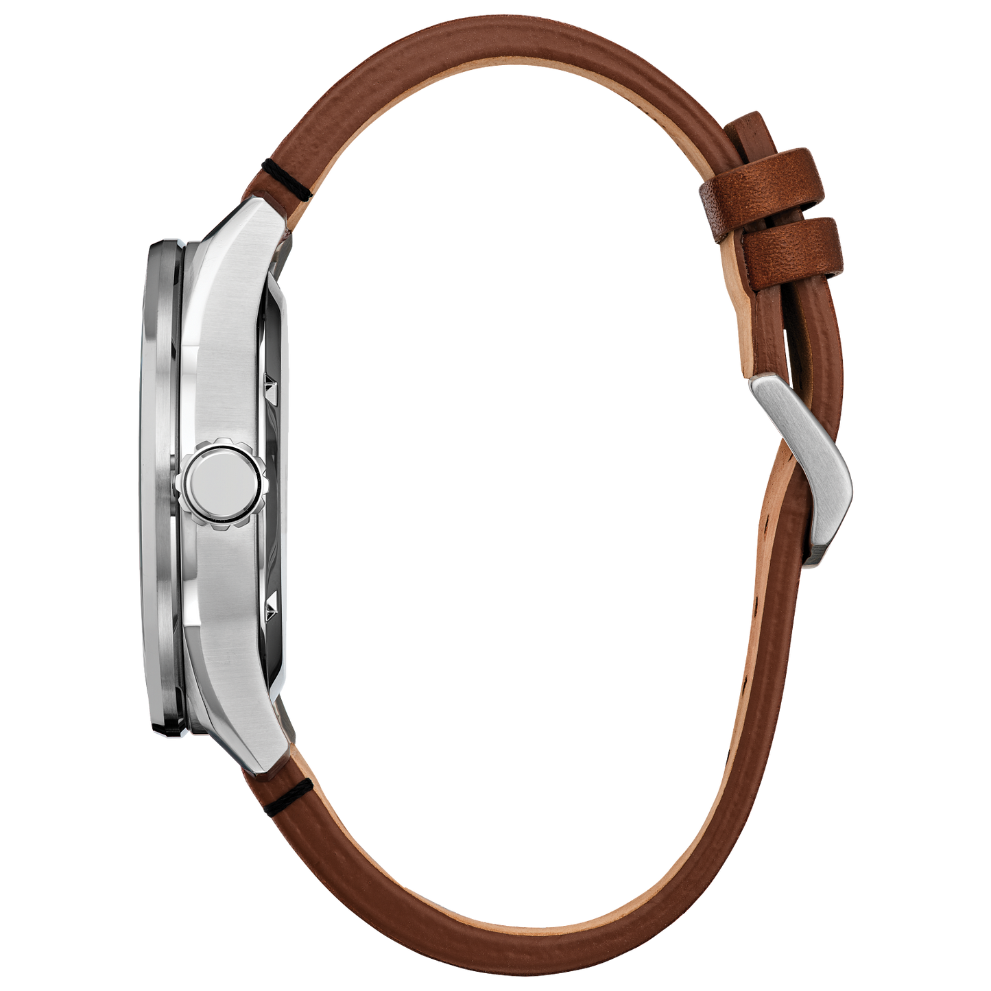 CITIZEN Star Wars Mando Bounty Hunter AW1730-07W – silver-tone Eco-Drive watch with luminous Mando and Mudhorn dial, brown leather strap, and WR100 water resistance.