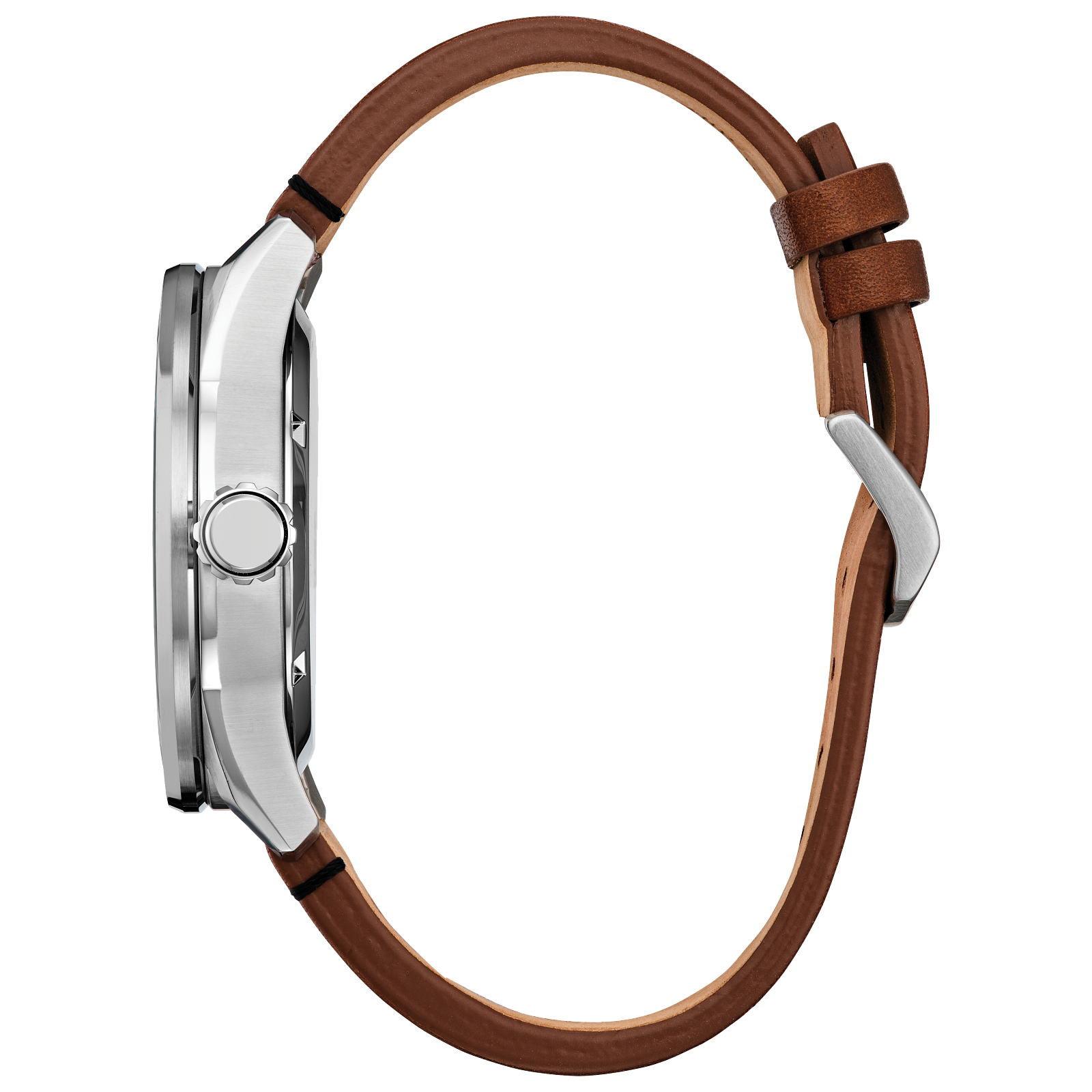 CITIZEN Star Wars Mando Bounty Hunter AW1730-07W – silver-tone Eco-Drive watch with luminous Mando and Mudhorn dial, brown leather strap, and WR100 water resistance.