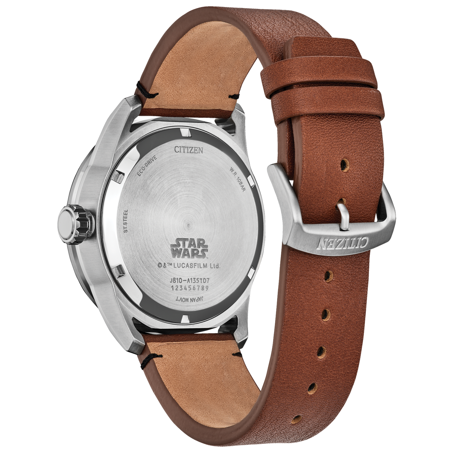 CITIZEN Star Wars Mando Bounty Hunter AW1730-07W – silver-tone Eco-Drive watch with luminous Mando and Mudhorn dial, brown leather strap, and WR100 water resistance.