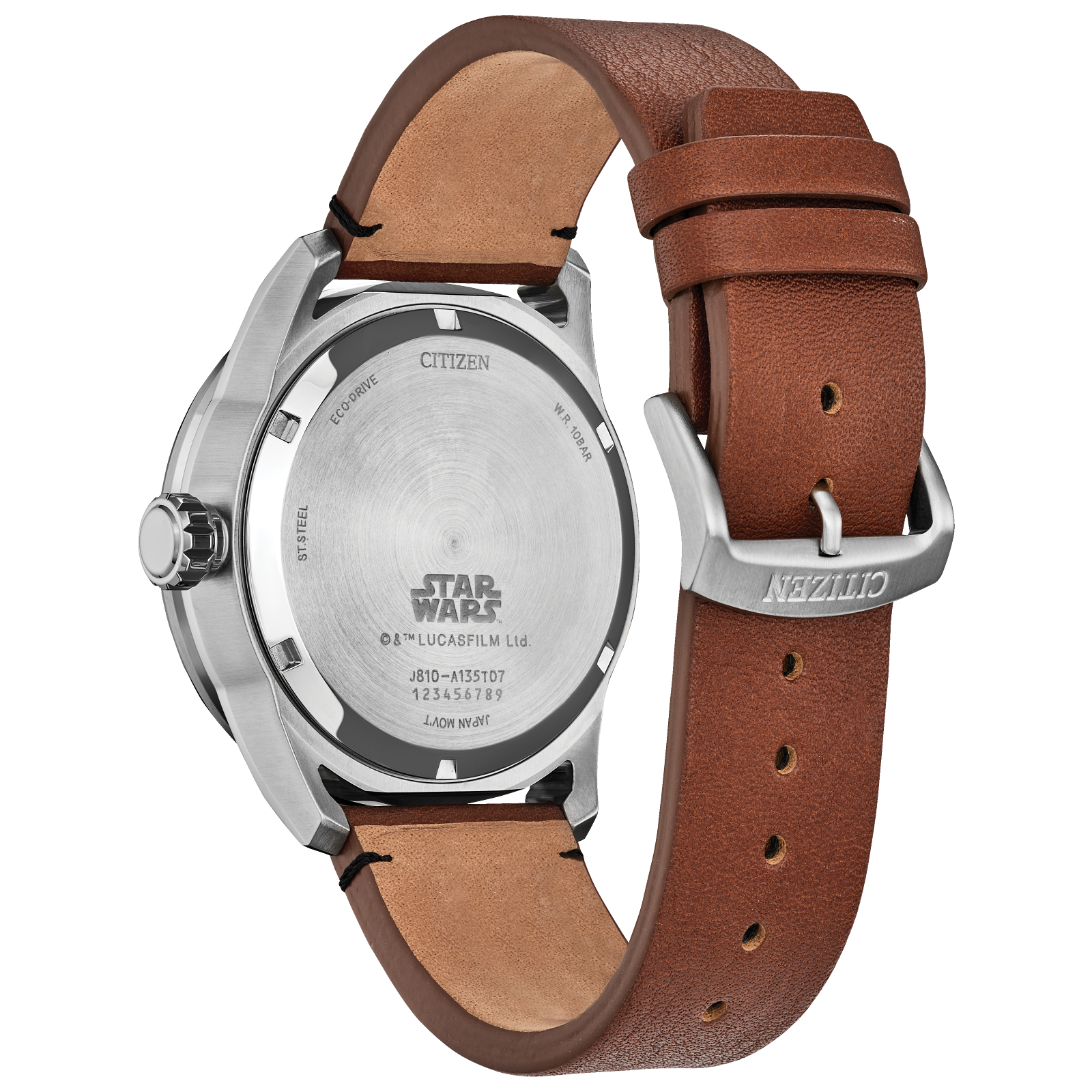 CITIZEN Star Wars Mando Bounty Hunter AW1730-07W – silver-tone Eco-Drive watch with luminous Mando and Mudhorn dial, brown leather strap, and WR100 water resistance.