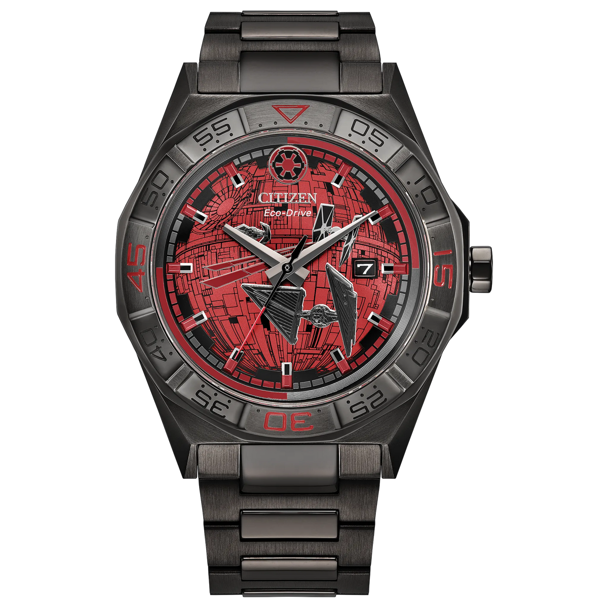 Citizen Star Wars Imperial Battle AW1857-57W Eco-Drive watch with red Death Star and TIE Fighter dial artwork, Galactic Empire crest, gray ion-plated stainless steel case, stainless steel bracelet, sapphire crystal, and date display.