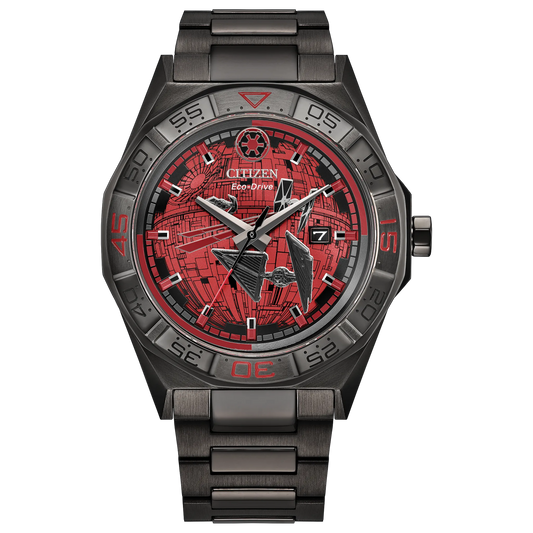 Citizen Star Wars Imperial Battle AW1857-57W Eco-Drive watch with red Death Star and TIE Fighter dial artwork, Galactic Empire crest, gray ion-plated stainless steel case, stainless steel bracelet, sapphire crystal, and date display.
