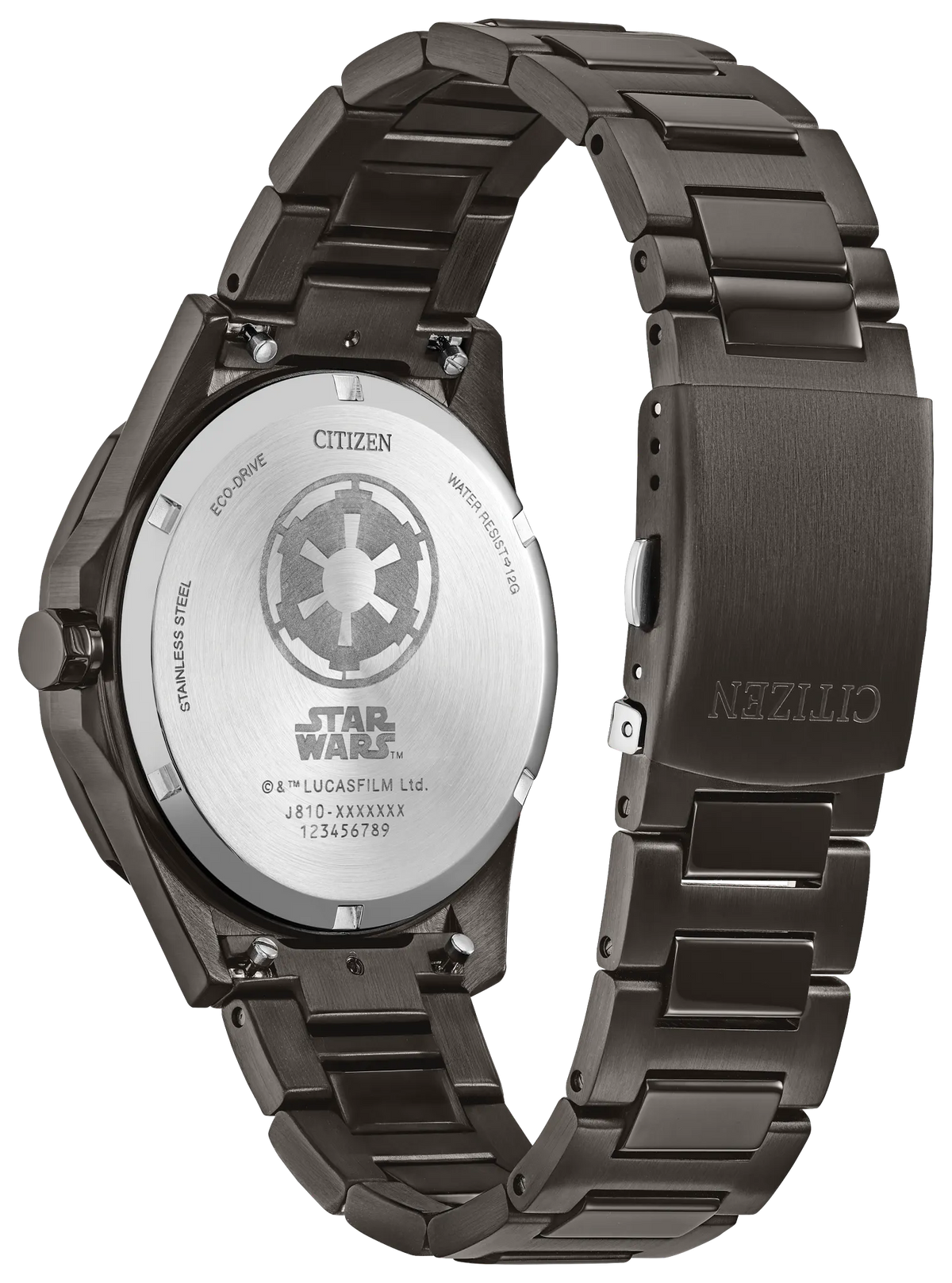 Rear view of the Citizen Star Wars Imperial Battle AW1857-57W showing the etched Galactic Empire case back, Star Wars logo, gray ion-plated stainless steel bracelet, and Citizen clasp.