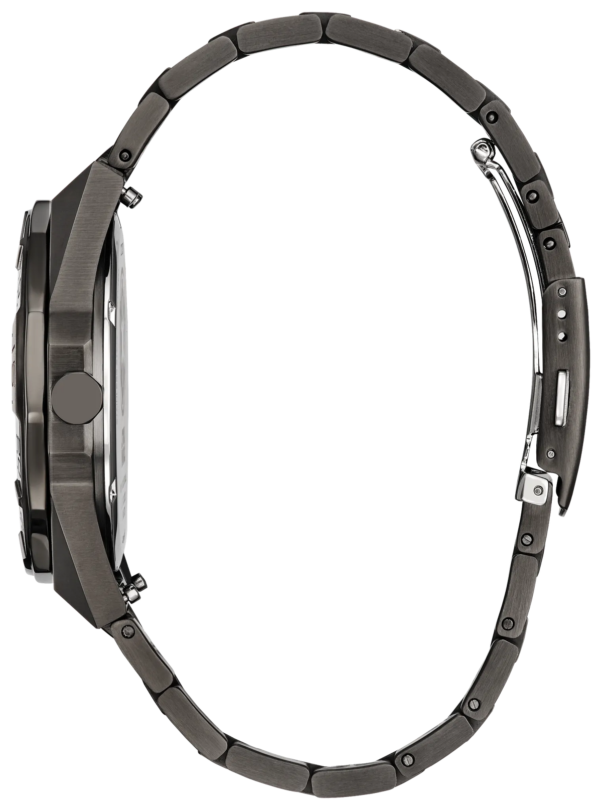 Side profile of the Citizen Star Wars Imperial Battle AW1857-57W showing the angular gray ion-plated stainless steel case, crown, sapphire crystal, and matching stainless steel bracelet.