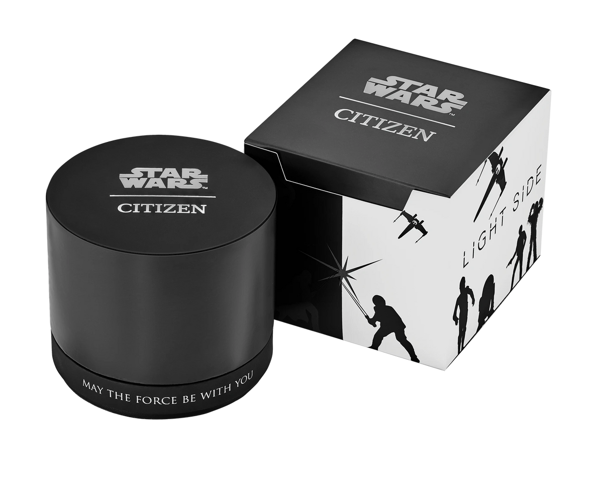 Citizen Star Wars Imperial Battle AW1857-57W packaging with black Star Wars Citizen presentation box, round watch box, Light Side graphic, and May The Force Be With You text.