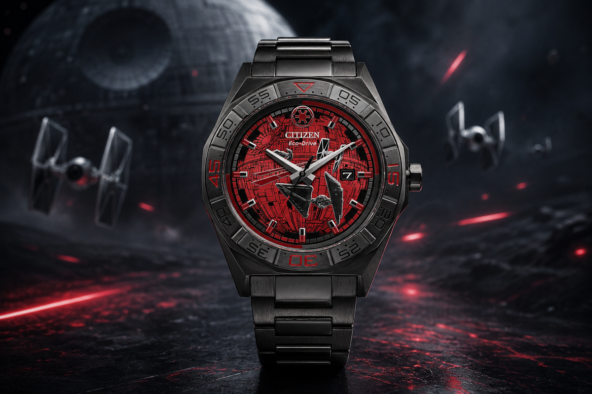 Citizen Star Wars Imperial Battle AW1857-57W displayed with cinematic Death Star and TIE Fighter background, featuring red Imperial dial artwork, gray ion-plated stainless steel case, and stainless steel bracelet.