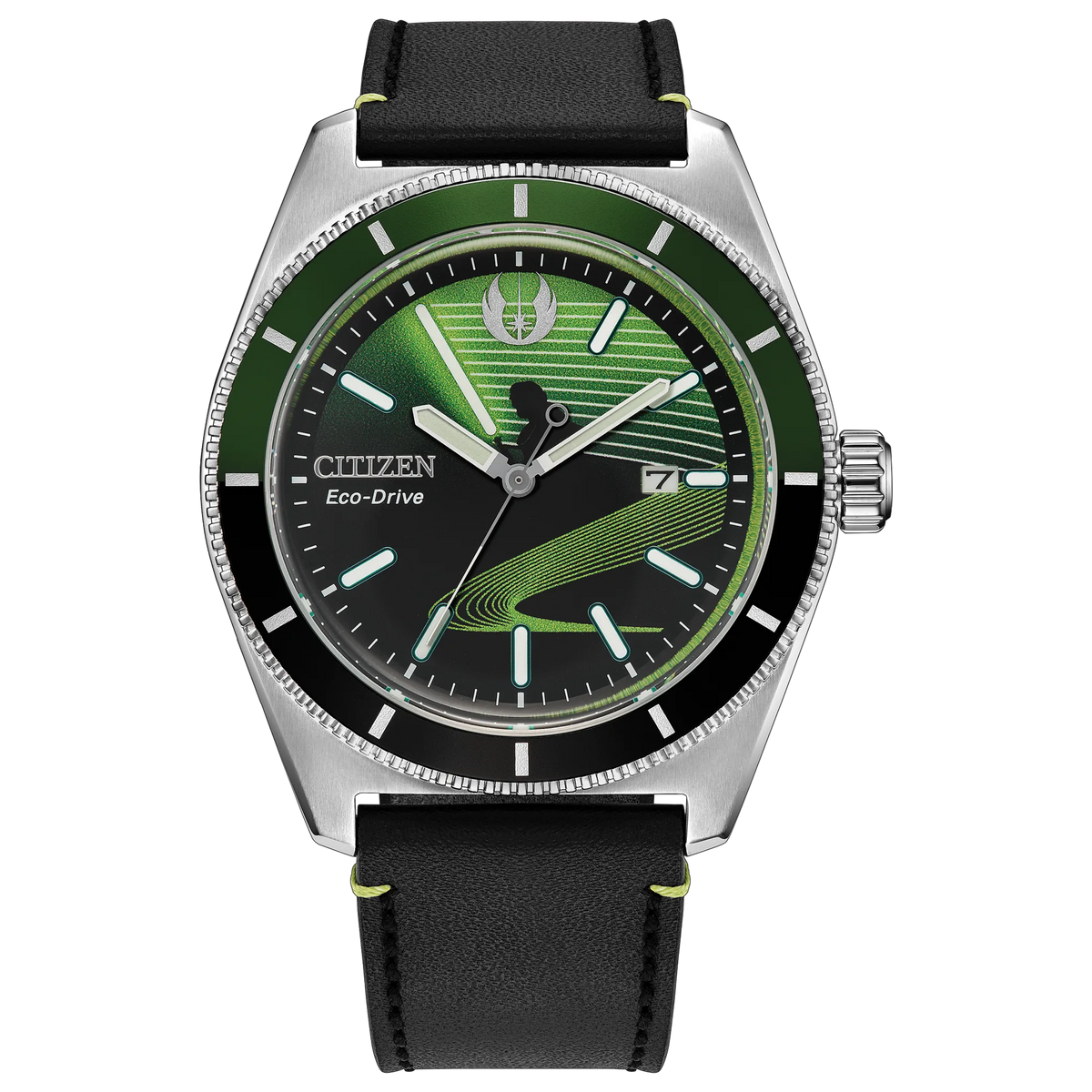 Citizen Star Wars Luke Skywalker AW1910-48W Eco-Drive watch with black and green dial, luminous lightsaber design, Rebel Alliance emblem, polished silver-tone case, black leather strap, and date display.