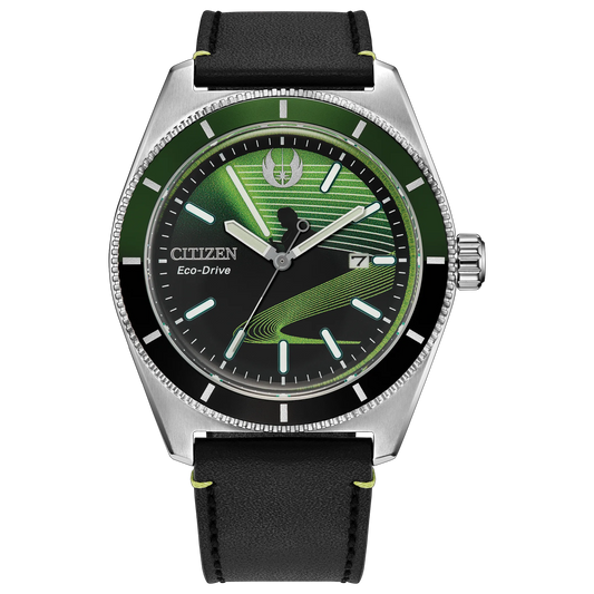 Citizen Star Wars Luke Skywalker AW1910-48W Eco-Drive watch with black and green dial, luminous lightsaber design, Rebel Alliance emblem, polished silver-tone case, black leather strap, and date display.