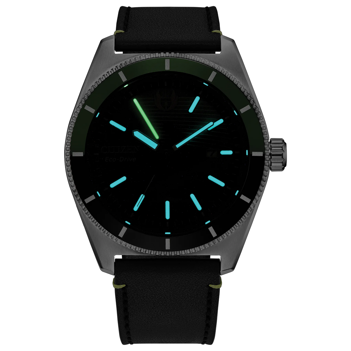 Low-light view of the Citizen Star Wars Luke Skywalker AW1910-48W showing luminous blue-green hands, hour markers, and green lightsaber details on the dark dial.