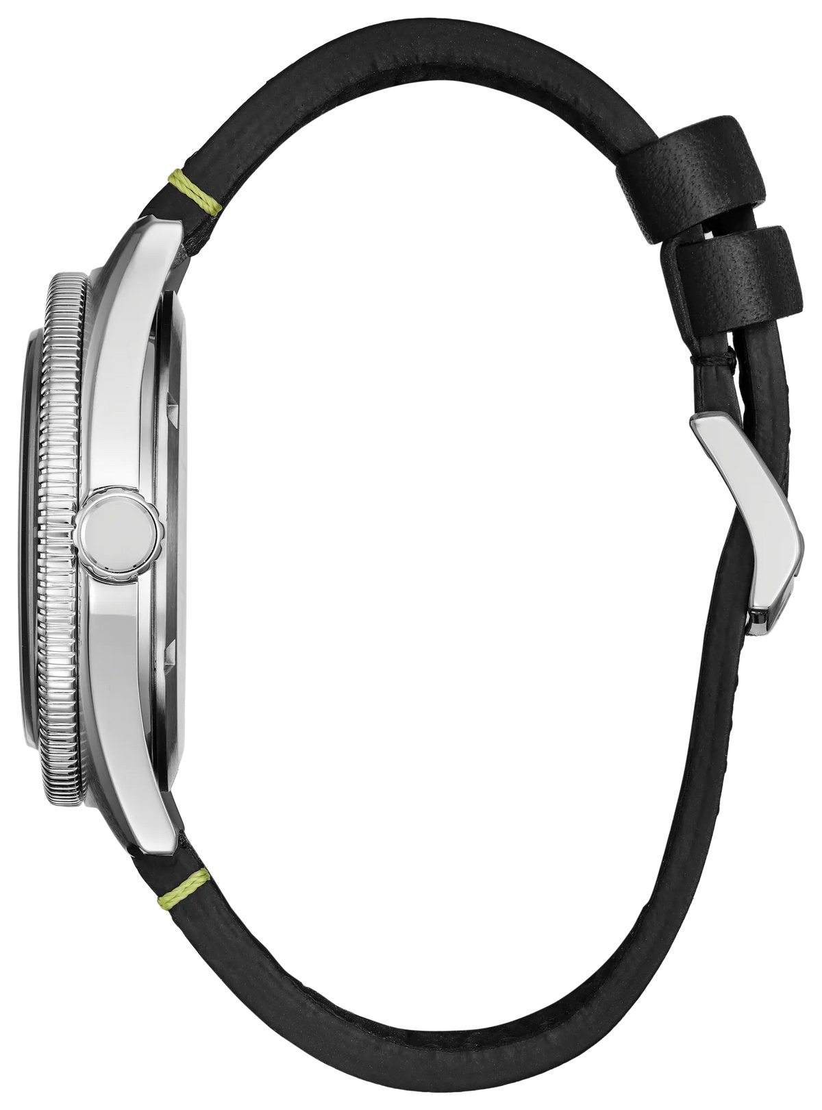 Side profile of the Citizen Star Wars Luke Skywalker AW1910-48W showing the polished silver-tone stainless steel case, crown, black leather strap, green stitching, and buckle.
