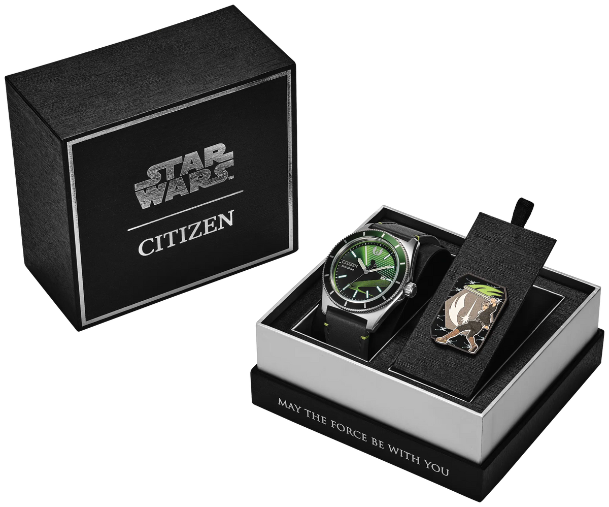 Citizen Star Wars Luke Skywalker AW1910-48W boxed set with Star Wars Citizen presentation box, black leather strap watch, collectible Jedi-inspired pin, and May The Force Be With You display tray.