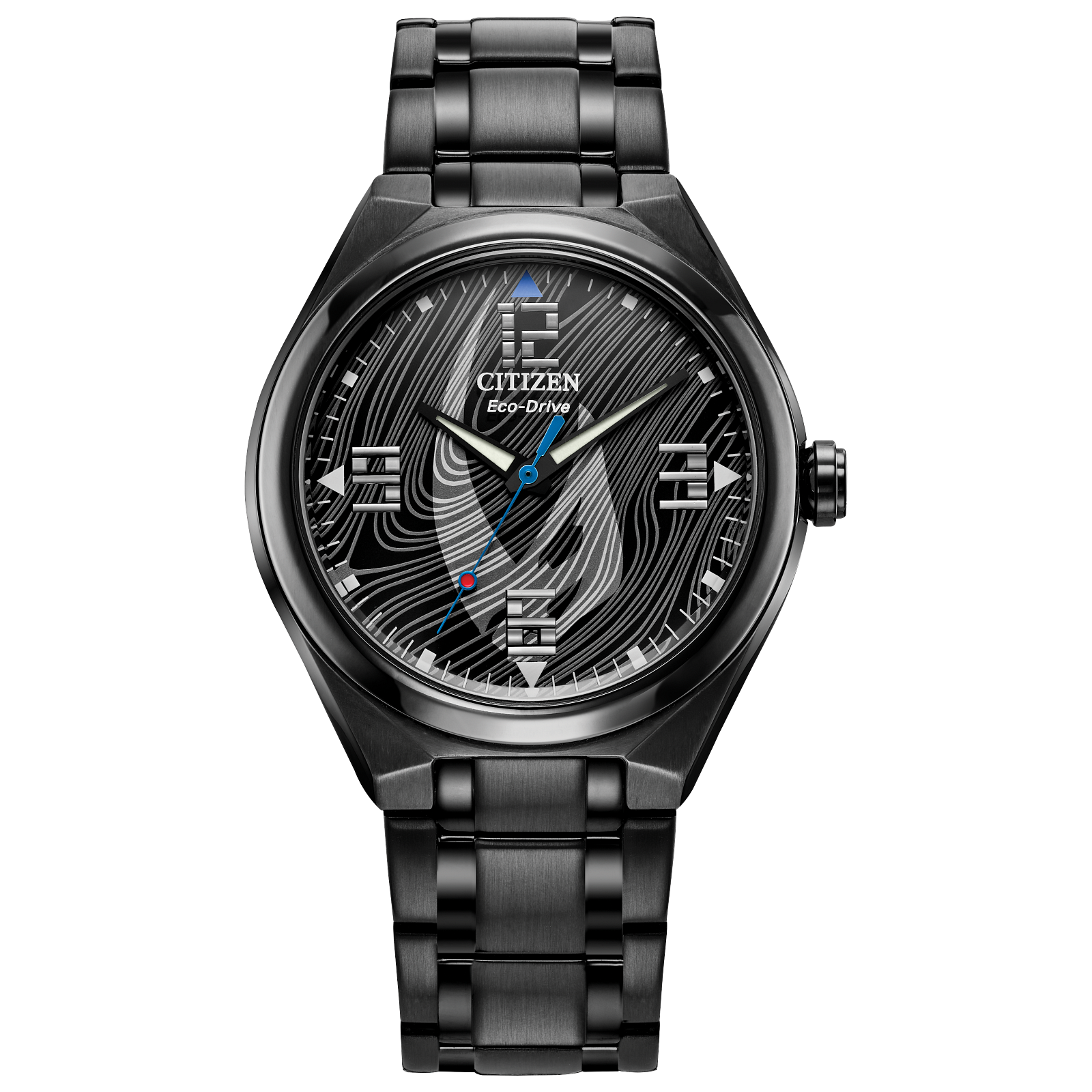 CITIZEN Star Wars Mandalorian AW2045-57W – matte black Eco-Drive watch with Mudhorn signet dial, etched helmet case back, Beskar-inspired bracelet, and WR100 water resistance.
