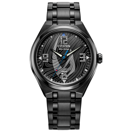 CITIZEN Star Wars Mandalorian AW2045-57W – matte black Eco-Drive watch with Mudhorn signet dial, etched helmet case back, Beskar-inspired bracelet, and WR100 water resistance.