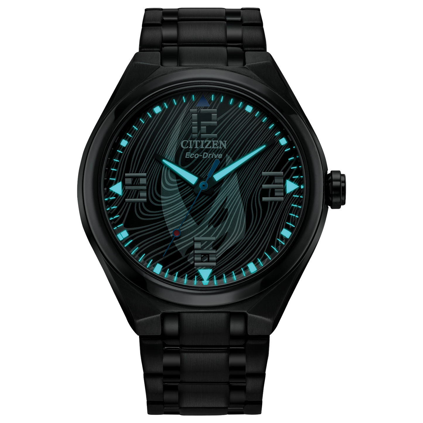 CITIZEN Star Wars Mandalorian AW2045-57W – matte black Eco-Drive watch with Mudhorn signet dial, etched helmet case back, Beskar-inspired bracelet, and WR100 water resistance.