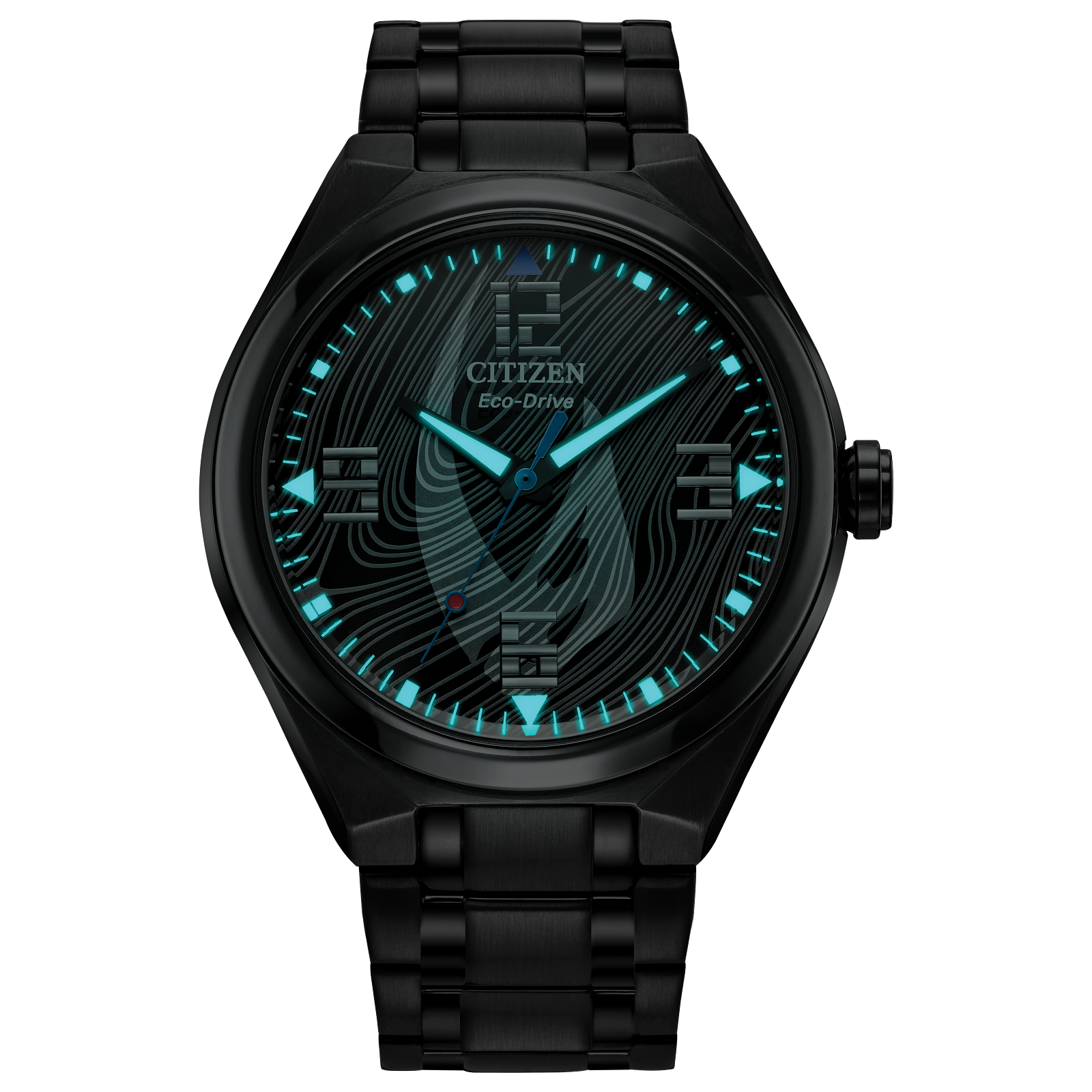 CITIZEN Star Wars Mandalorian AW2045-57W – matte black Eco-Drive watch with Mudhorn signet dial, etched helmet case back, Beskar-inspired bracelet, and WR100 water resistance.