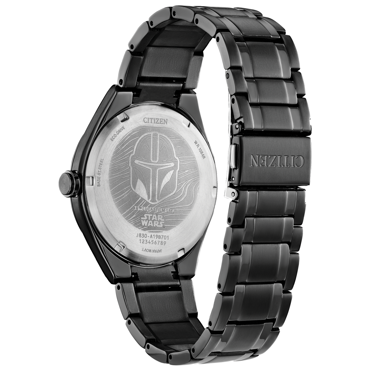 CITIZEN Star Wars Mandalorian AW2045-57W – matte black Eco-Drive watch with Mudhorn signet dial, etched helmet case back, Beskar-inspired bracelet, and WR100 water resistance.