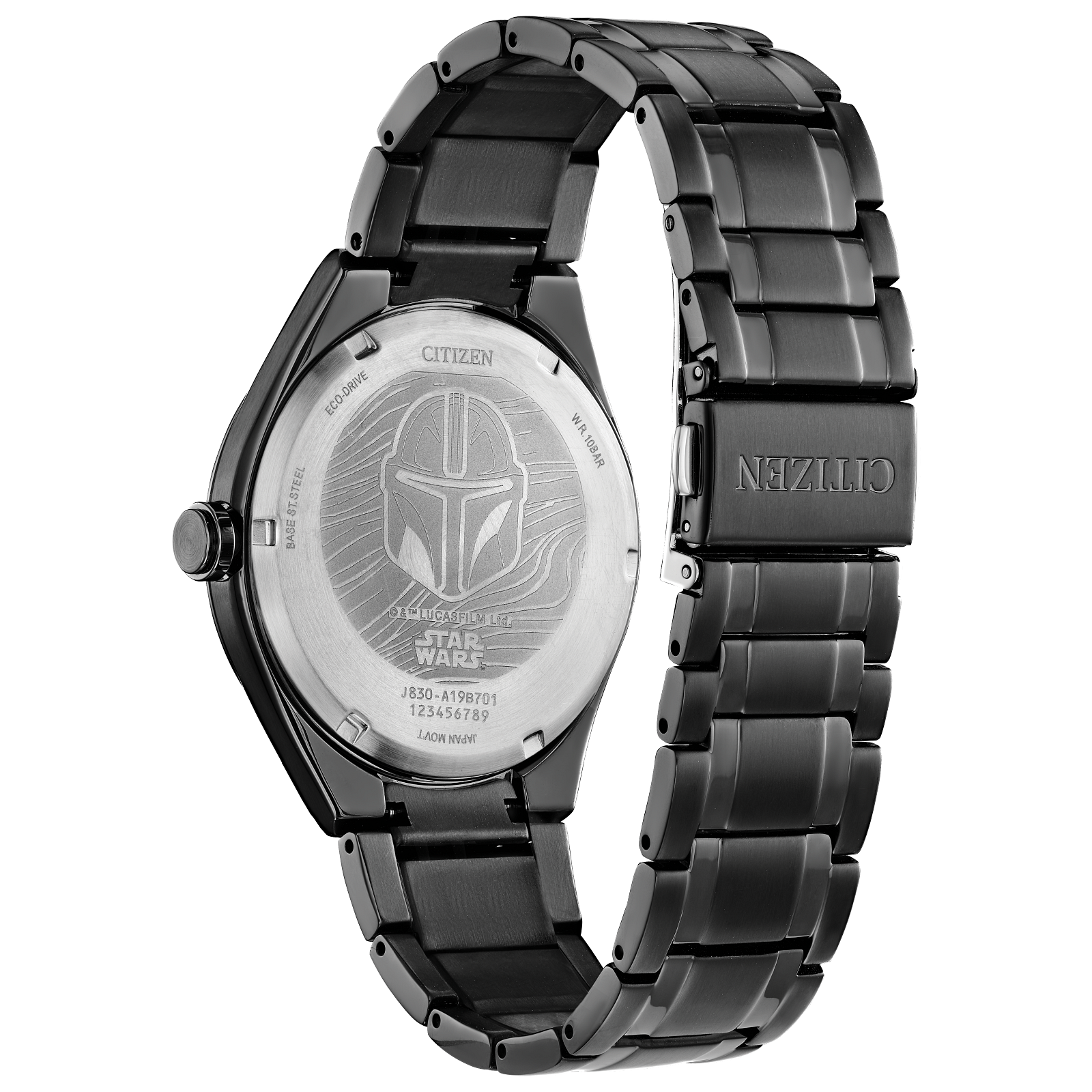 CITIZEN Star Wars Mandalorian AW2045-57W – matte black Eco-Drive watch with Mudhorn signet dial, etched helmet case back, Beskar-inspired bracelet, and WR100 water resistance.