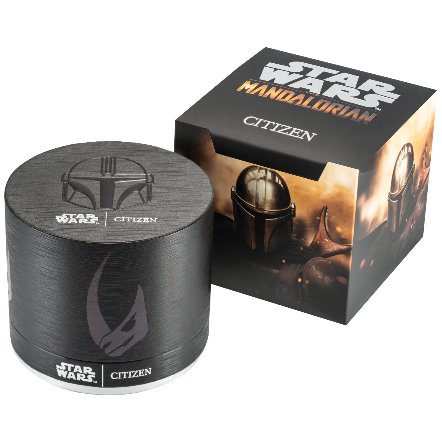 CITIZEN Star Wars Mandalorian AW2045-57W – matte black Eco-Drive watch with Mudhorn signet dial, etched helmet case back, Beskar-inspired bracelet, and WR100 water resistance.
