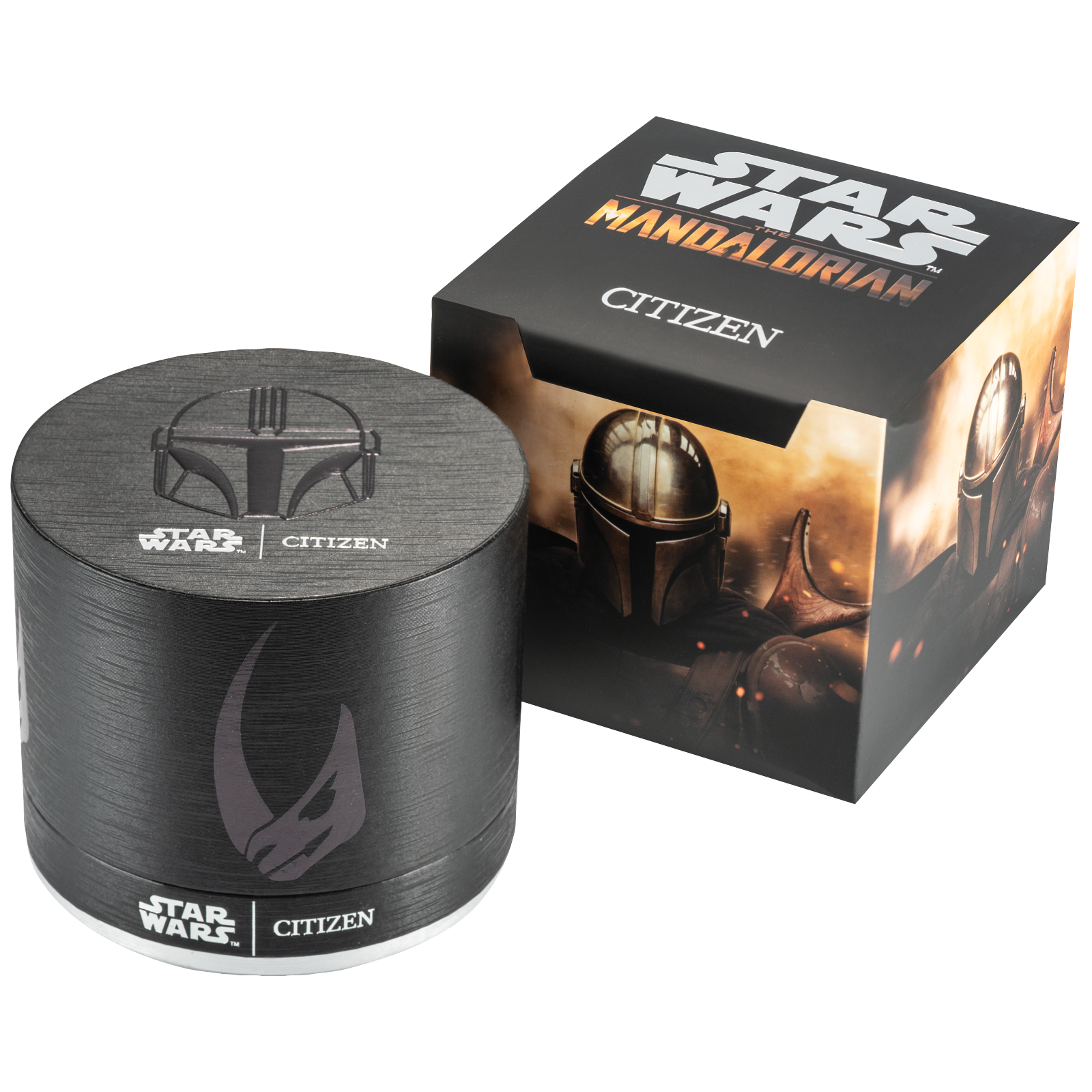 CITIZEN Star Wars Mandalorian AW2045-57W – matte black Eco-Drive watch with Mudhorn signet dial, etched helmet case back, Beskar-inspired bracelet, and WR100 water resistance.