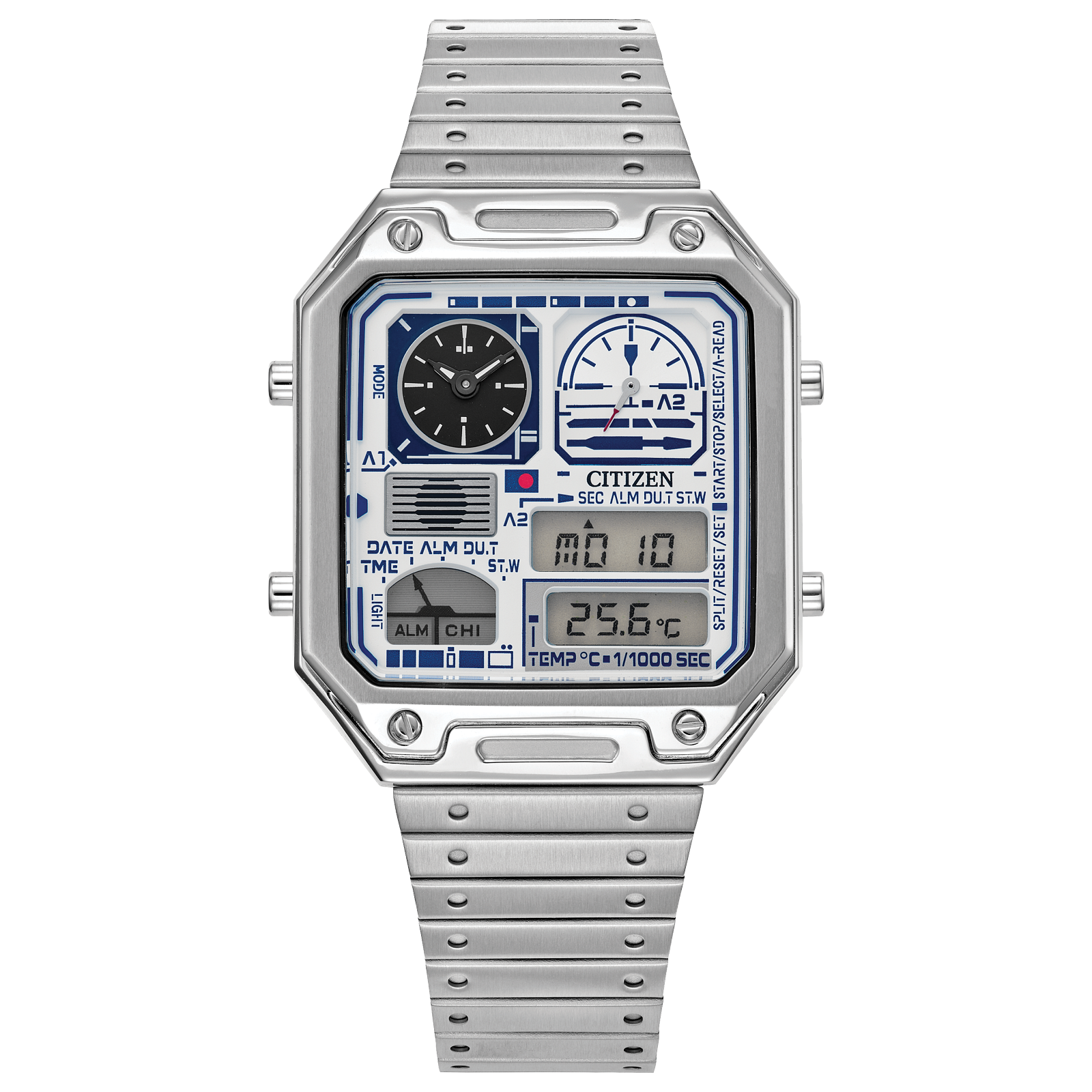 CITIZEN Star Wars R2-D2 JG2121-54A – retro Ana-Digi tribute in R2-D2 colors with dual analog sub-dials, digital display, chronograph, temperature readout, and WR50 water resistance.