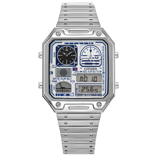 CITIZEN Star Wars R2-D2 JG2121-54A – retro Ana-Digi tribute in R2-D2 colors with dual analog sub-dials, digital display, chronograph, temperature readout, and WR50 water resistance.