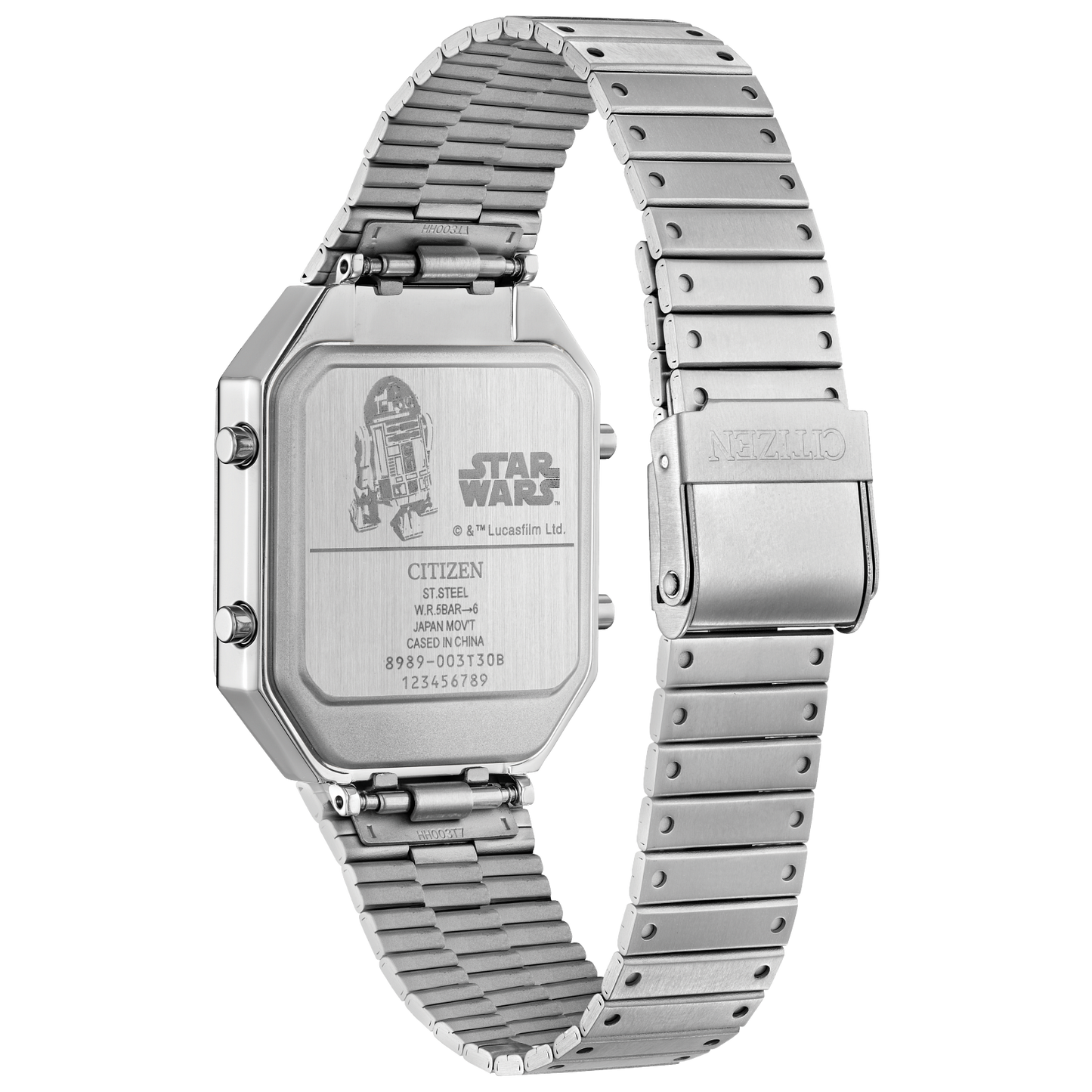 CITIZEN Star Wars R2-D2 JG2121-54A – retro Ana-Digi tribute in R2-D2 colors with dual analog sub-dials, digital display, chronograph, temperature readout, and WR50 water resistance.