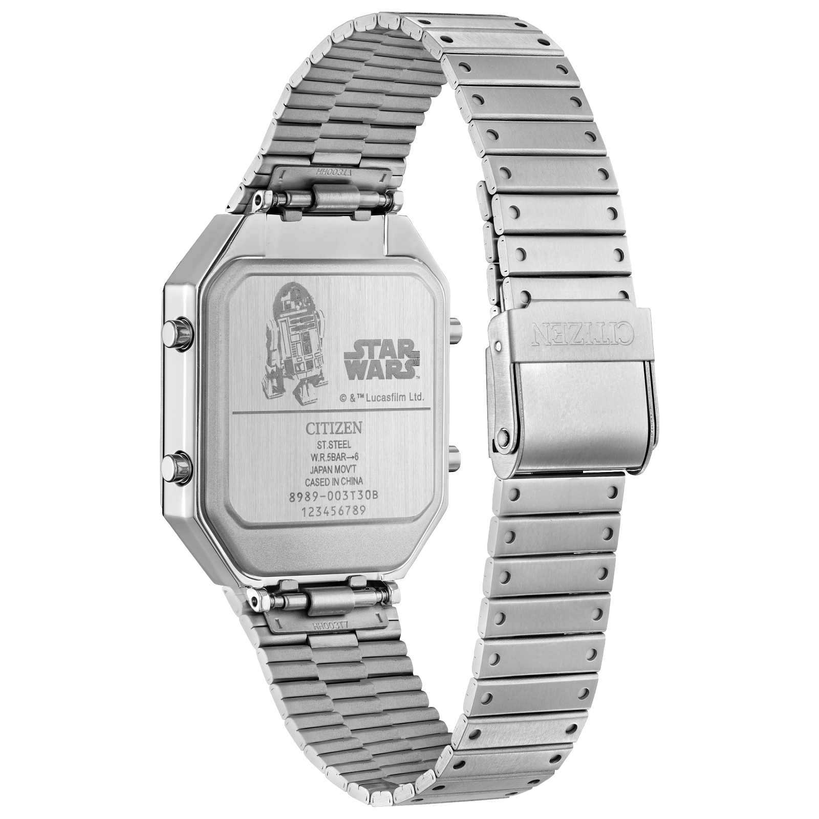 CITIZEN Star Wars R2-D2 JG2121-54A – retro Ana-Digi tribute in R2-D2 colors with dual analog sub-dials, digital display, chronograph, temperature readout, and WR50 water resistance.