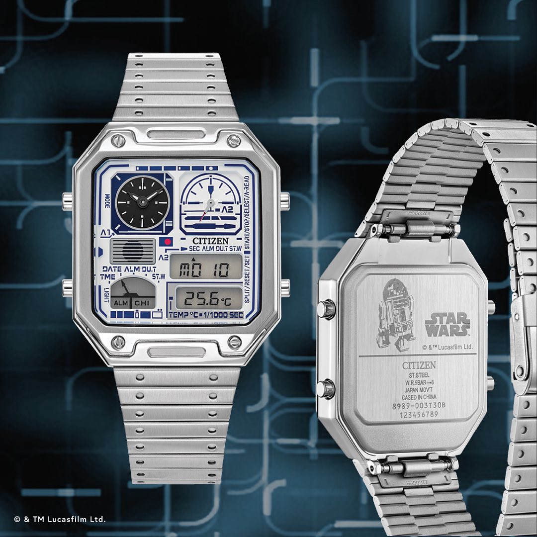 CITIZEN Star Wars R2-D2 JG2121-54A – retro Ana-Digi tribute in R2-D2 colors with dual analog sub-dials, digital display, chronograph, temperature readout, and WR50 water resistance.