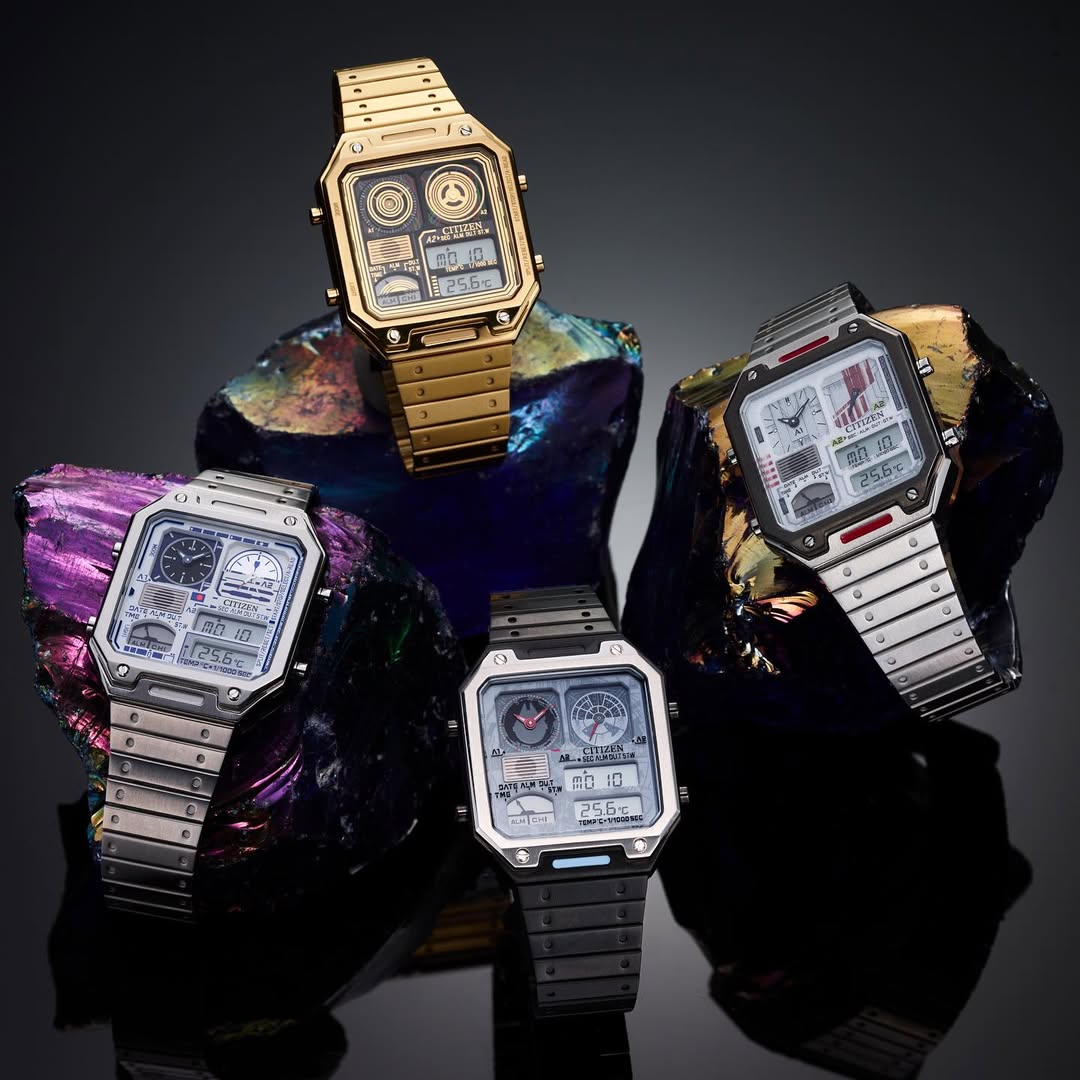 CITIZEN Star Wars R2-D2 JG2121-54A – retro Ana-Digi tribute in R2-D2 colors with dual analog sub-dials, digital display, chronograph, temperature readout, and WR50 water resistance.