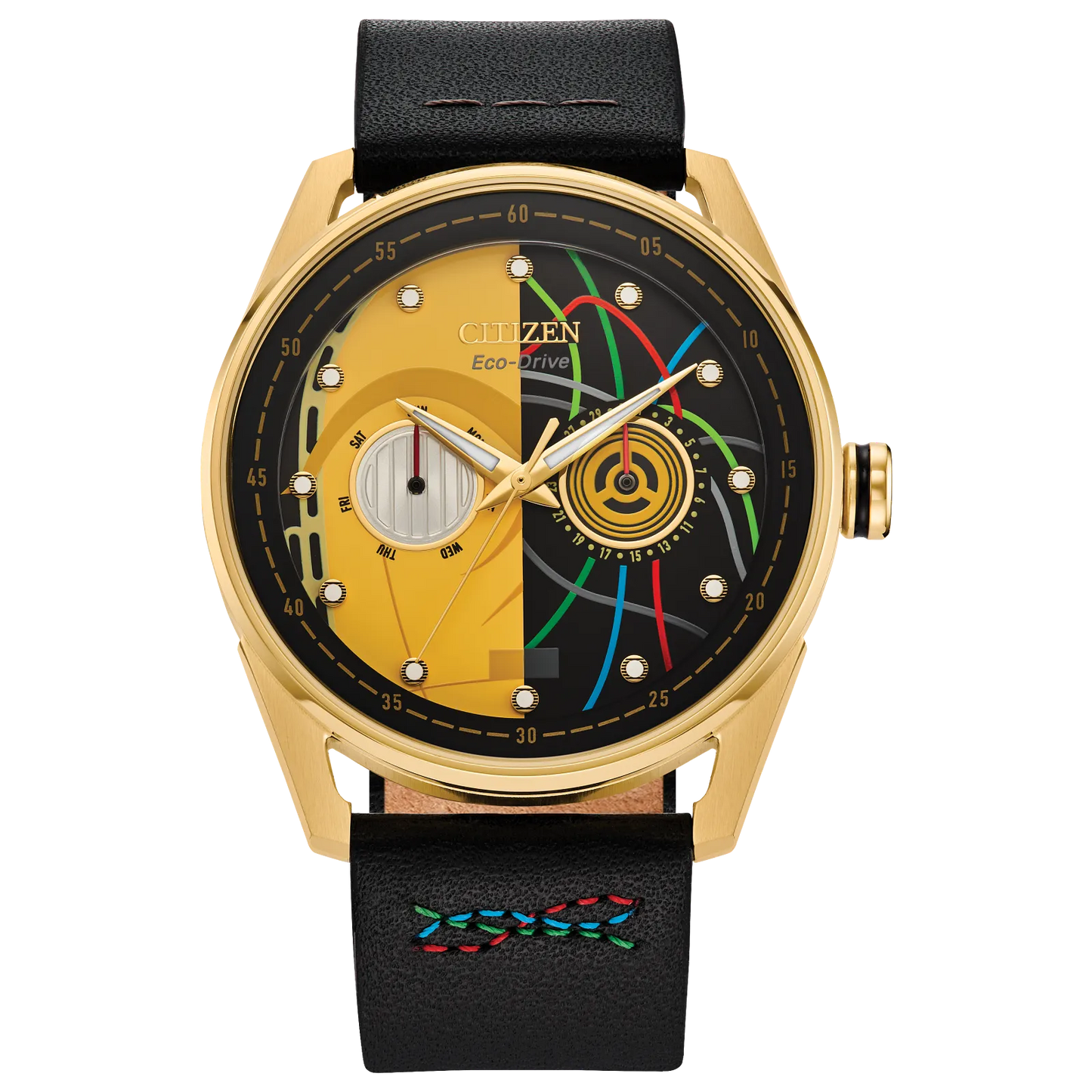 CITIZEN Star Wars C-3PO Rewired BU4026-05W – gold-tone Eco-Drive watch with yellow dial, C-3PO-inspired details, black leather strap with colorful stitching, and WR100 water resistance.