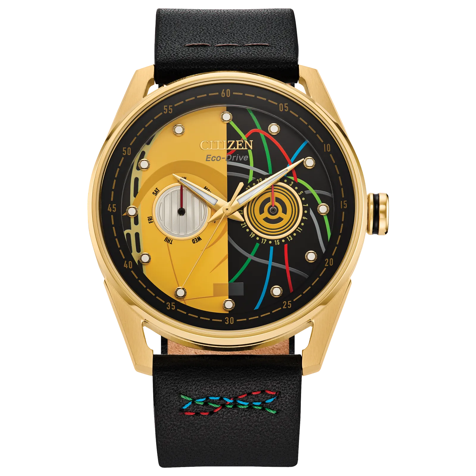 CITIZEN Star Wars C-3PO Rewired BU4026-05W – gold-tone Eco-Drive watch with yellow dial, C-3PO-inspired details, black leather strap with colorful stitching, and WR100 water resistance.