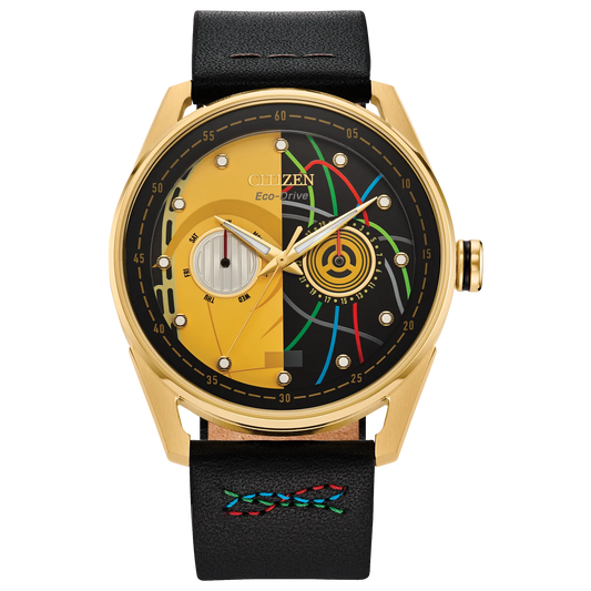 CITIZEN Star Wars C-3PO Rewired BU4026-05W – gold-tone Eco-Drive watch with yellow dial, C-3PO-inspired details, black leather strap with colorful stitching, and WR100 water resistance.