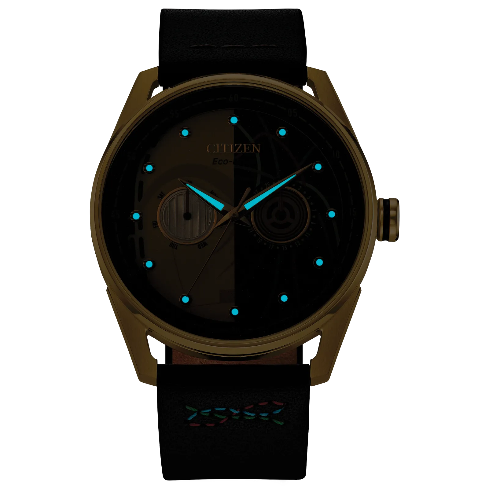 CITIZEN Star Wars C-3PO Rewired BU4026-05W – gold-tone Eco-Drive watch with yellow dial, C-3PO-inspired details, black leather strap with colorful stitching, and WR100 water resistance.