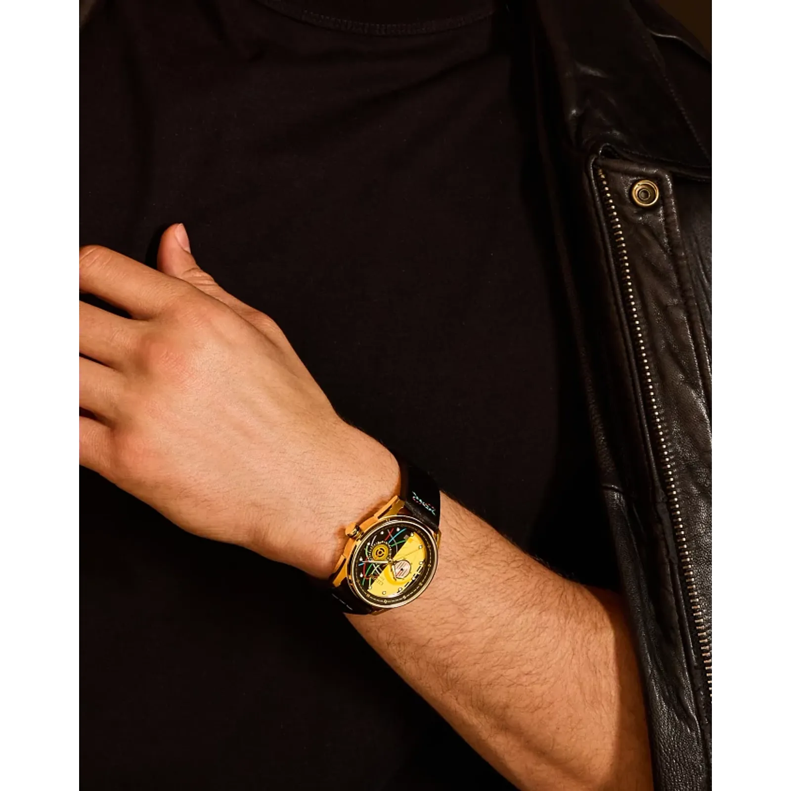 CITIZEN Star Wars C-3PO Rewired BU4026-05W – gold-tone Eco-Drive watch with yellow dial, C-3PO-inspired details, black leather strap with colorful stitching, and WR100 water resistance.