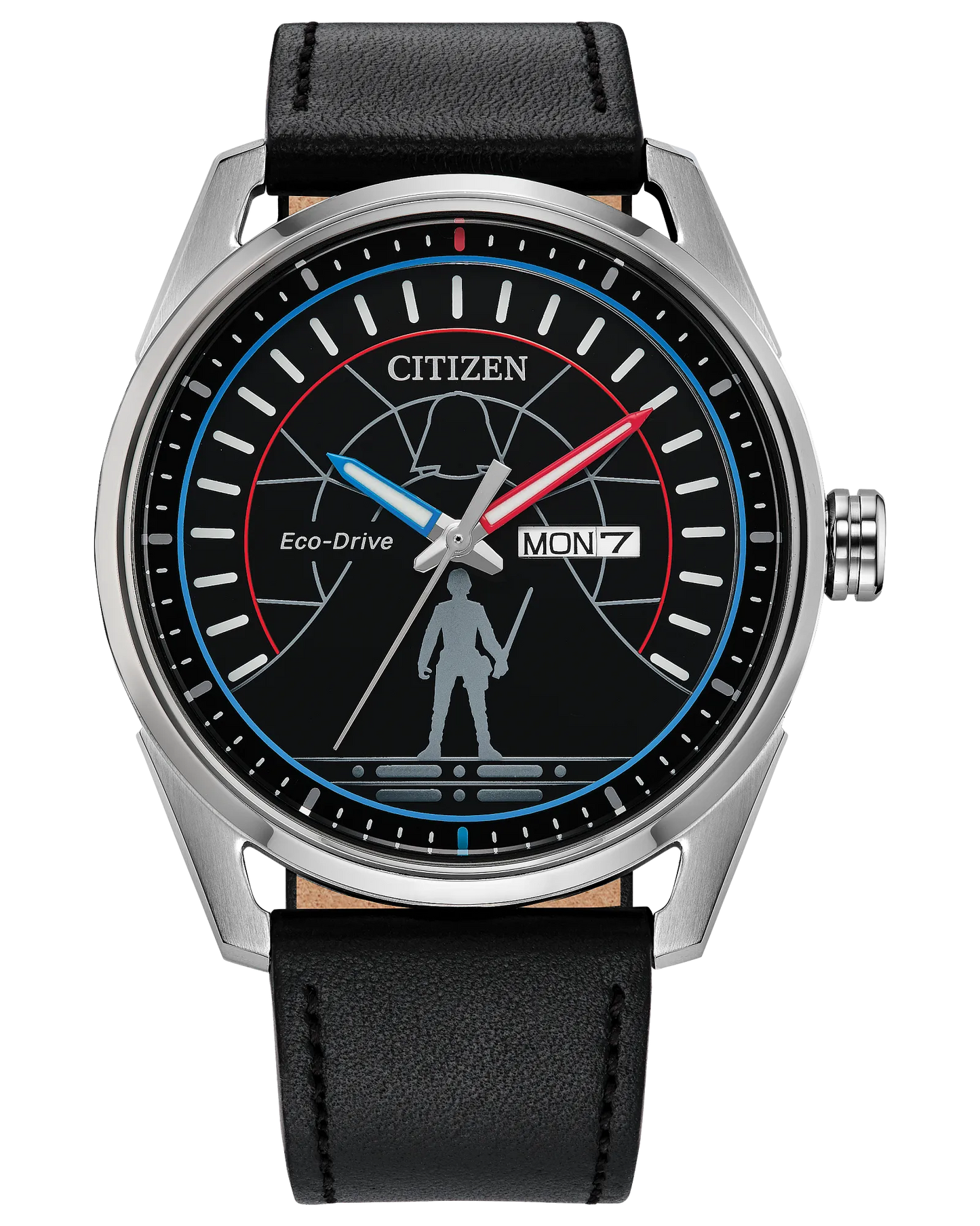 Citizen Duel 2.0 AW0160-09W Star Wars Eco-Drive watch with black dial featuring Luke Skywalker silhouette, blue luminous accents, 42mm silver-tone stainless steel case, black leather strap, and engraved lightsaber case back.