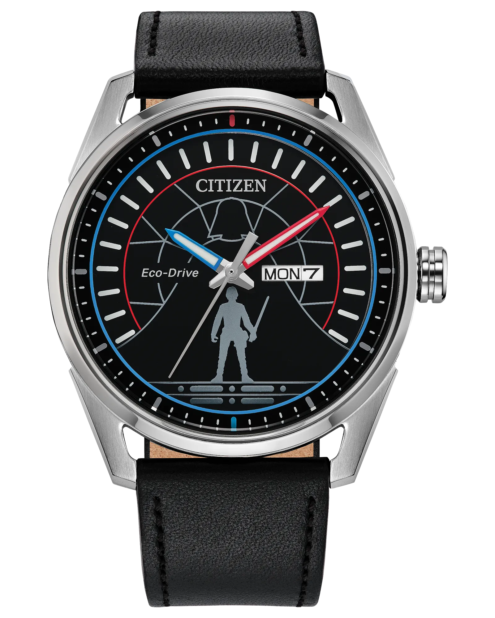 Citizen Duel 2.0 AW0160-09W Star Wars Eco-Drive watch with black dial featuring Luke Skywalker silhouette, blue luminous accents, 42mm silver-tone stainless steel case, black leather strap, and engraved lightsaber case back.