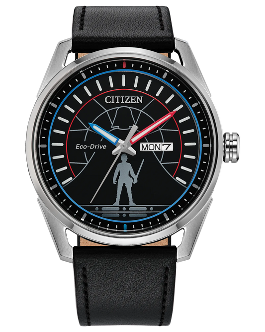 Citizen Duel 2.0 AW0160-09W Star Wars Eco-Drive watch with black dial featuring Luke Skywalker silhouette, blue luminous accents, 42mm silver-tone stainless steel case, black leather strap, and engraved lightsaber case back.