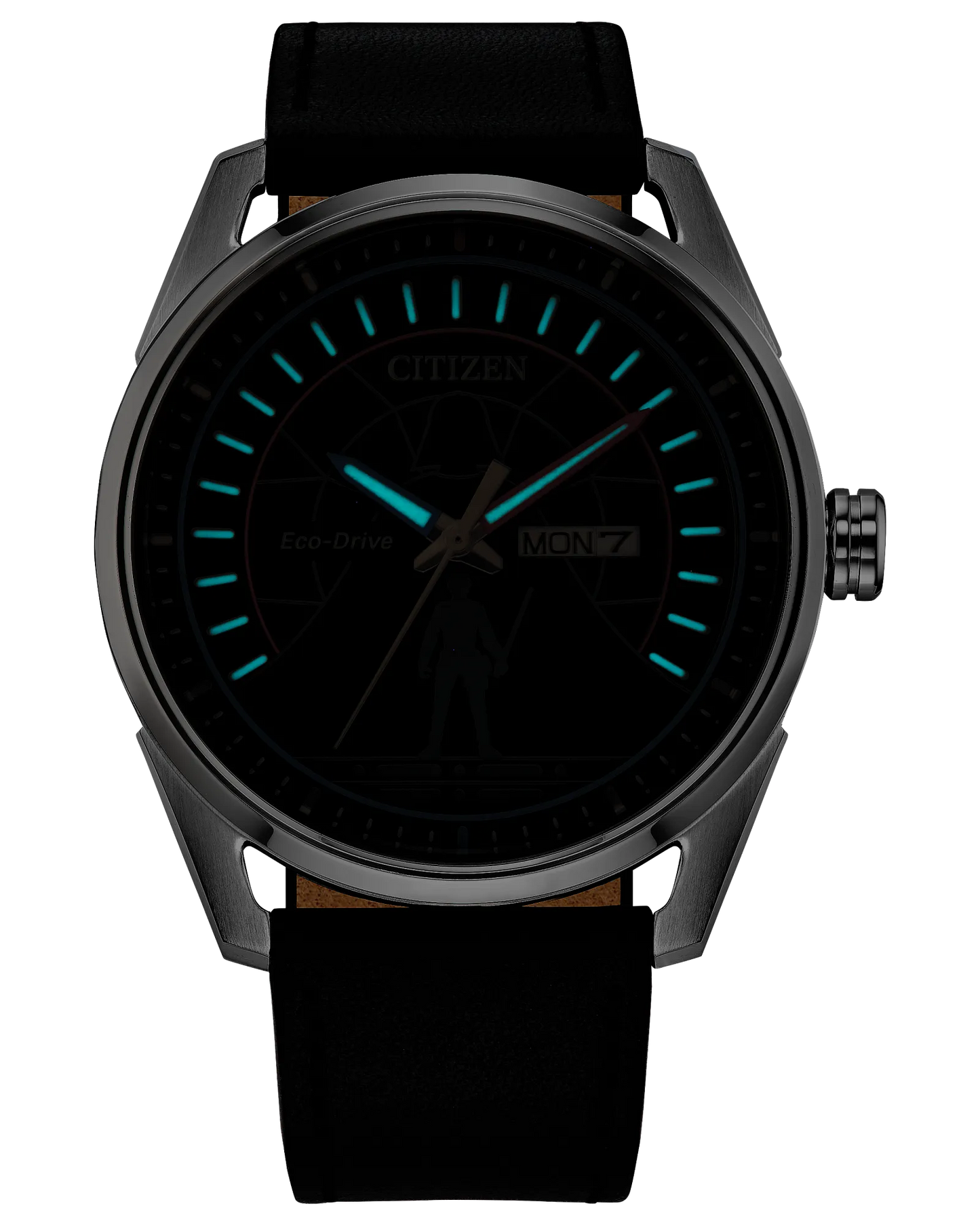 Black watch with blue accents on a white background
