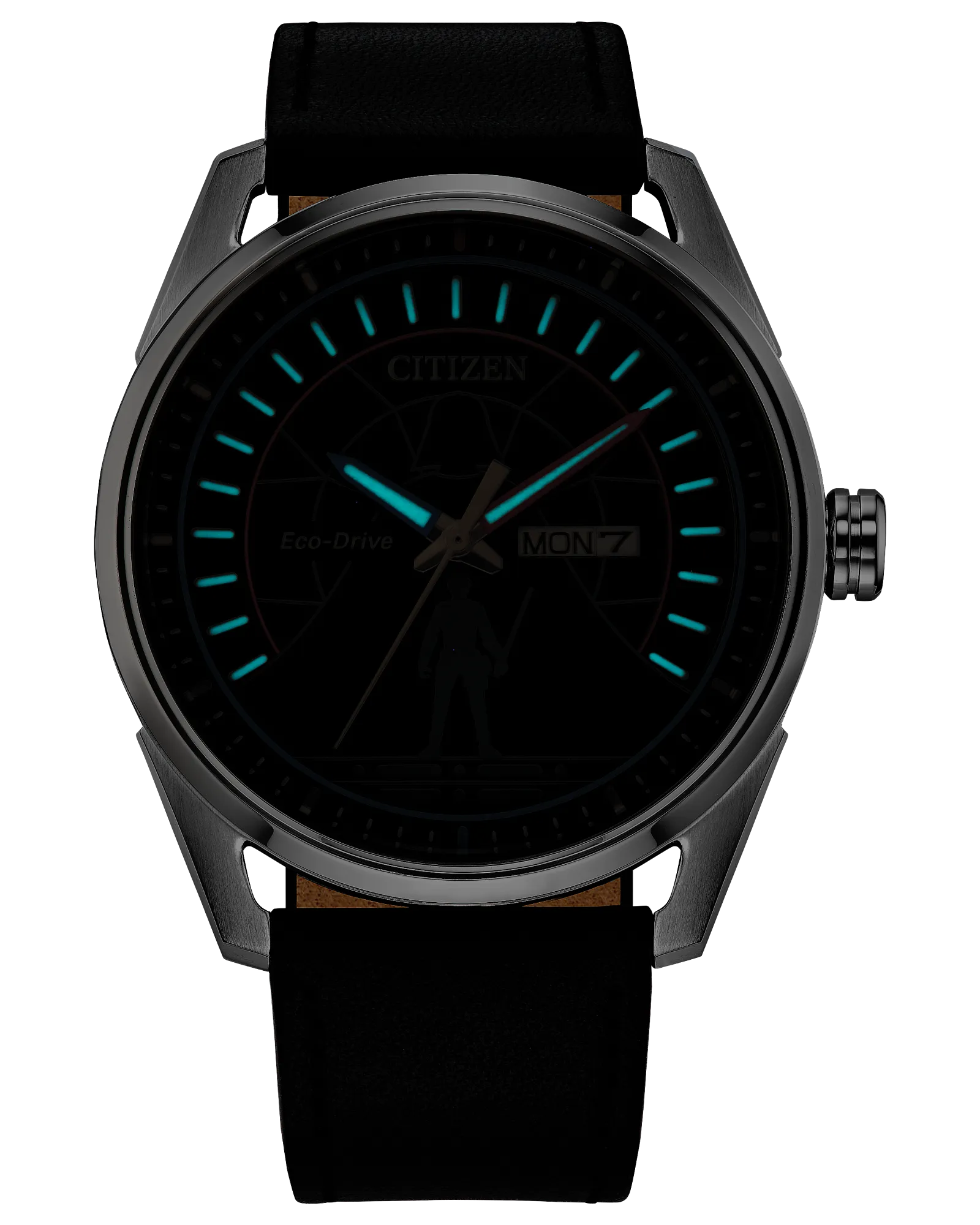 Black watch with blue accents on a white background