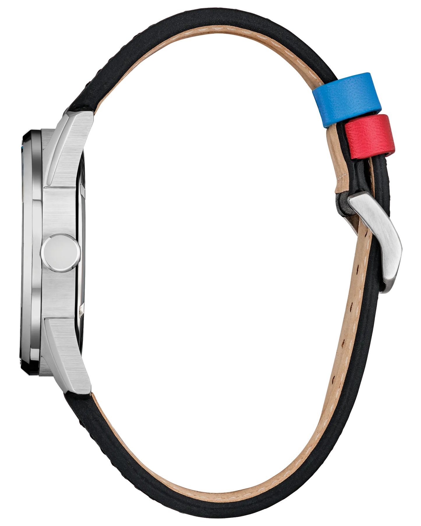 Close-up of a watch with a black strap featuring colorful accents on a white background