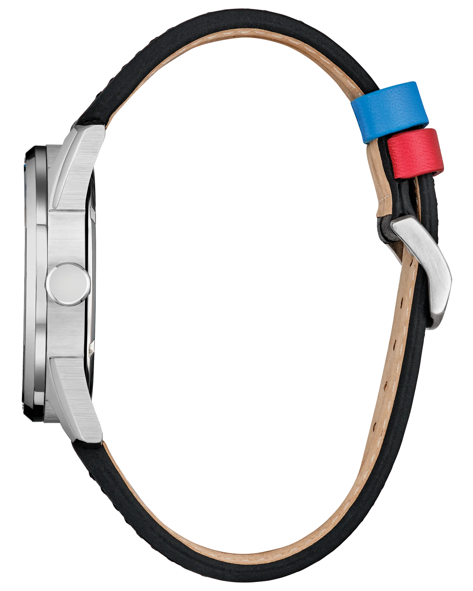 Close-up of a watch with a black strap featuring colorful accents on a white background